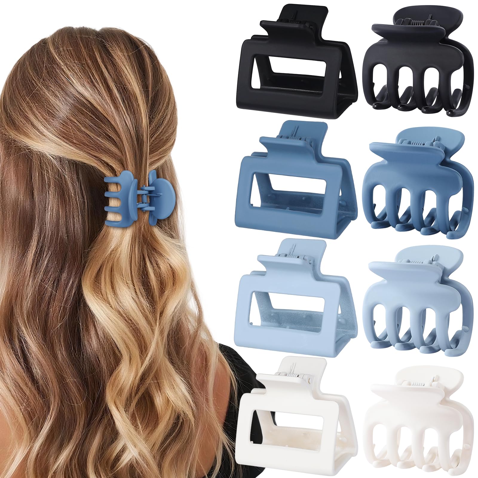 USDNICE Matte Claw Clips for Women, 8 Pack, 2 Styles, Blue | Rectangle and square styles, small and medium sizes, matte non-slip grip for thin hair,