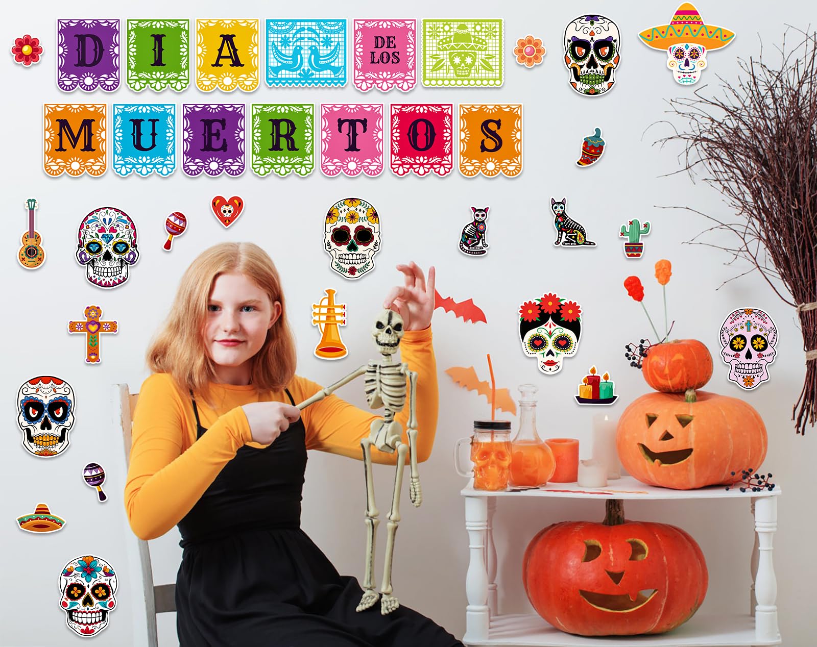JUESMOS Day of The Dead Decorations Sugar Skull Cutouts Halloween Decor Dia De Los Muertos Colorful Skull Cutouts for Kids Students Classroom Bulletin Board Wall Decor Mexican Fiesta Party Supplies