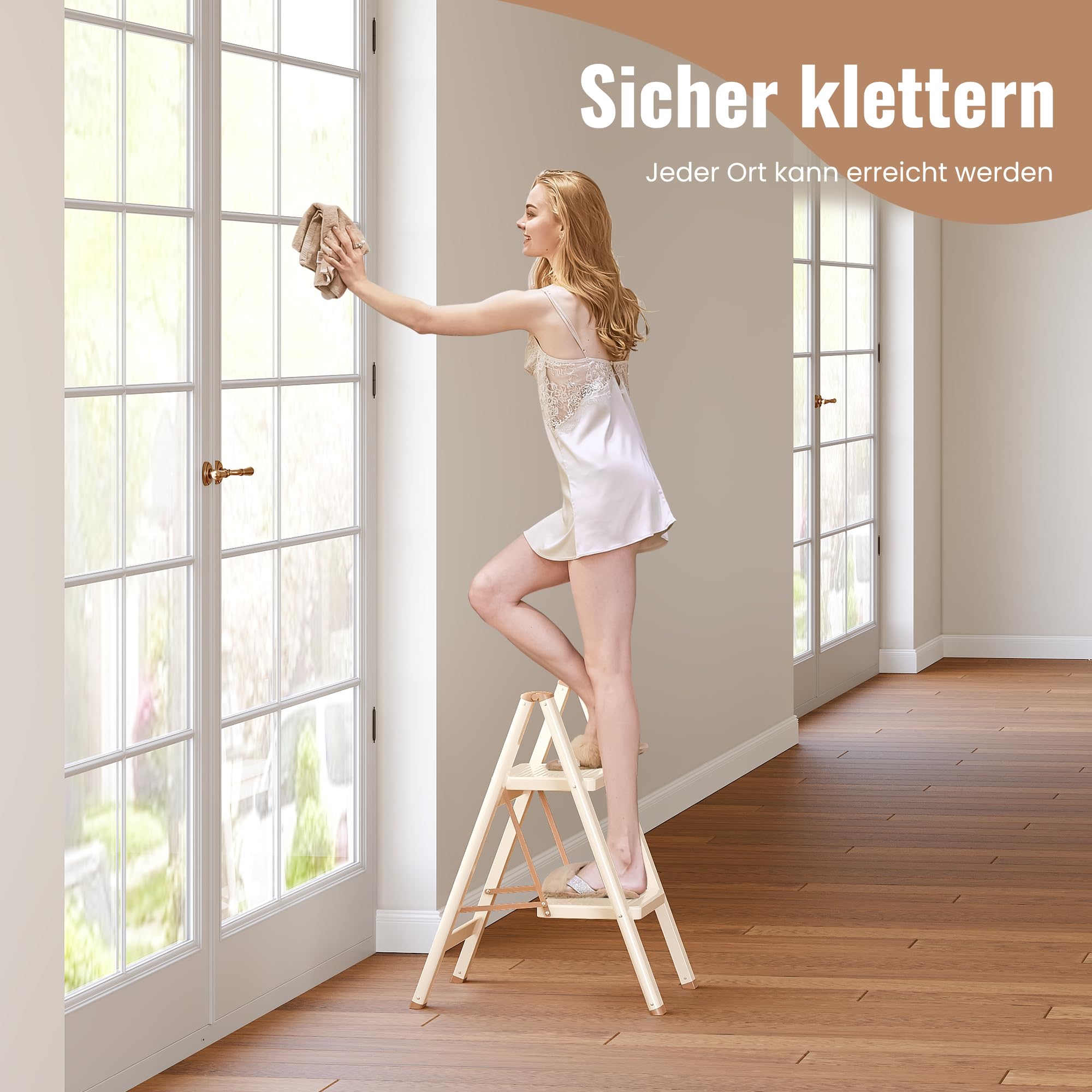 Trittleiter 2 Stufen klappbar, 2 Stufen Leiter für Erwachsene, Faltbare Trittleiter mit sicherem Stand, verbreitertem Pedal, ästhetisch ansprechendes Aussehen, Wohnräume