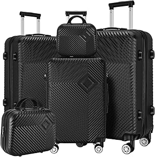 Sandinrayli Luggage Set 5 Piece Softside Expandable Lightweight Durable Suitcase Sets Double Spinner Wheels TSA Lock (Blac...