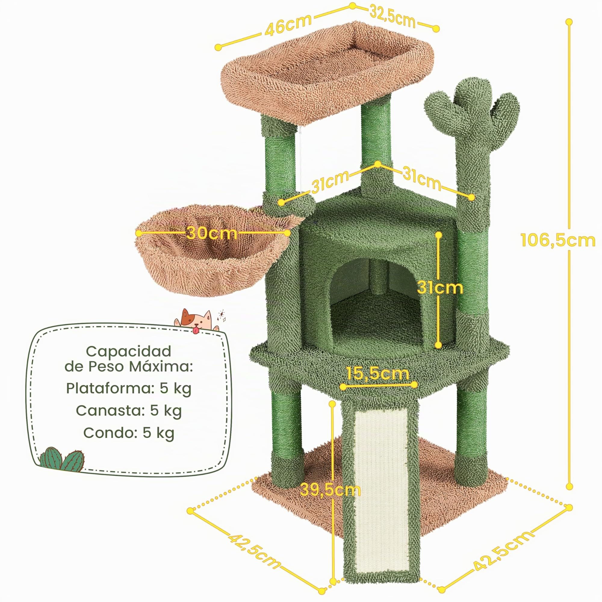 Yaheetech Árbol Rascador para Gatos Verde Cactus 42,5x42,5x106,5cm Torre para Gato Árbol para Mascota Estable de Varios Niveles con Canasta Verde y Marrón