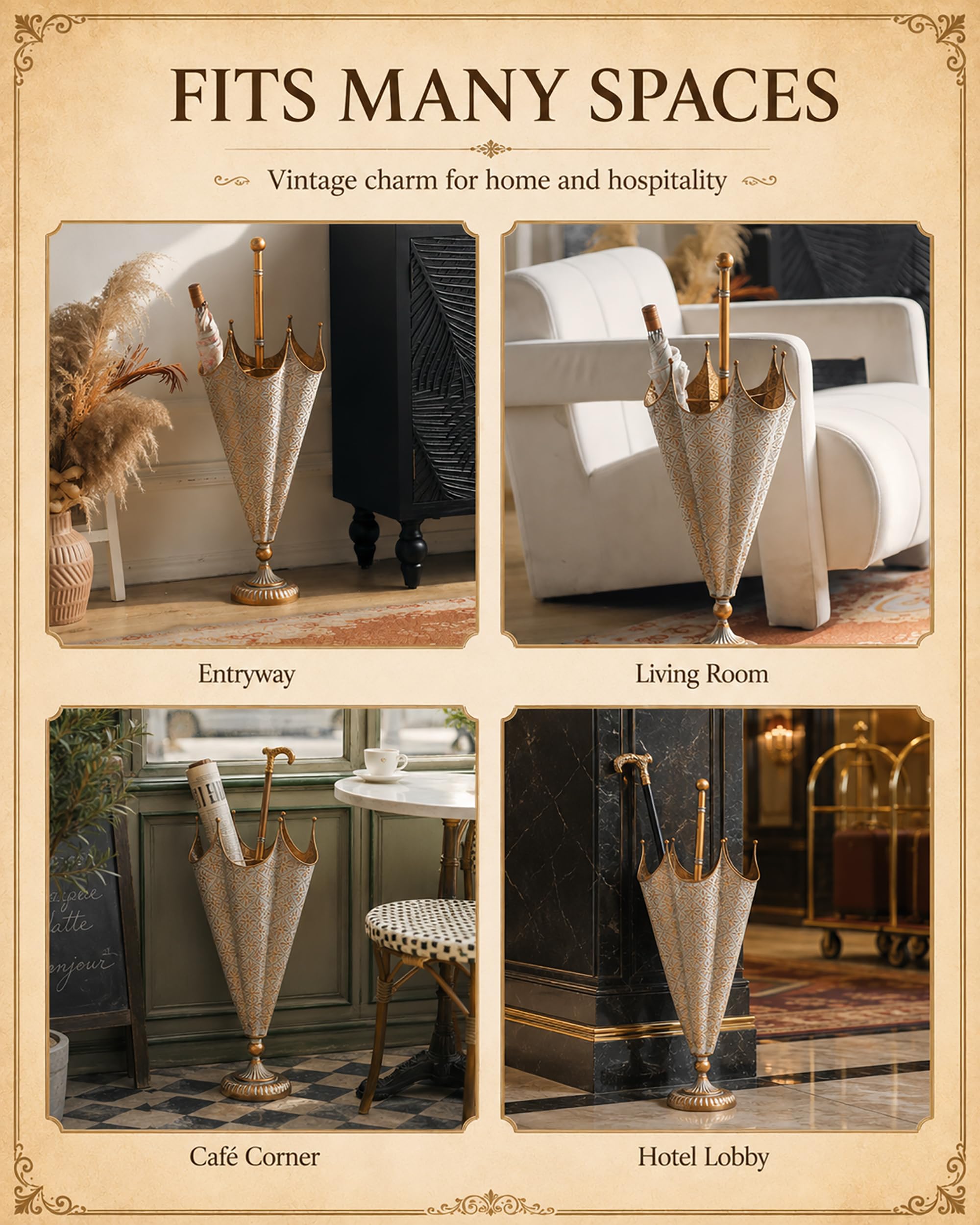 Elegancki stojak na parasole do wejścia, vintage, metalowy, wysokość 83 cm, organizer na laski, element dekoracyjny na nóżkach do wejścia, hol hotelowy