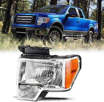 Aosky Headlight Assembly Compatible with 2009 2010 2011 2012 2013 2014 Ford F150 Headlamp Chrome Housing with Amber Reflector, Driver Side