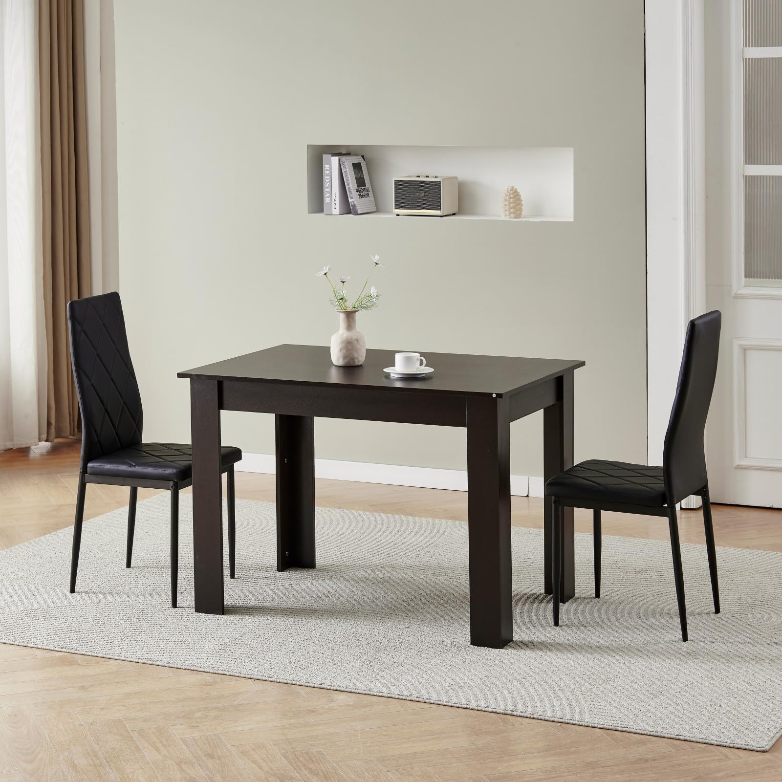 Homullel 110cm Dining Table and 2 Chairs, 2 Seater Kitchen Table and Chairs Set for Space Saving, Dining Room Set for 2, Black (2 Seaters, PU Black #2)