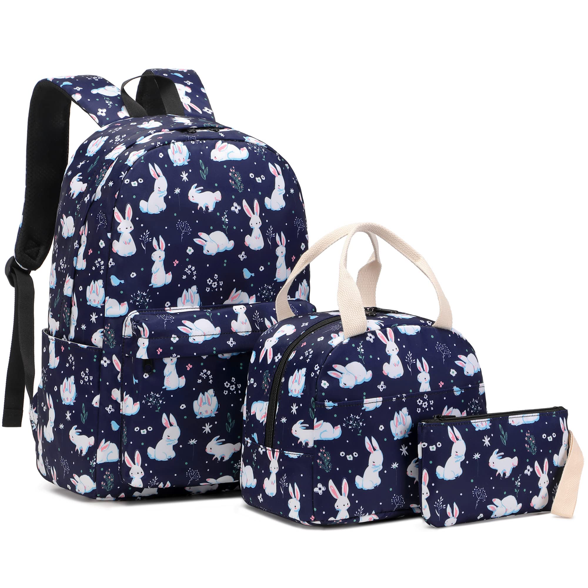 Yusudan Bunny Girls School Backpack, 3 in 1 Set Kids Teens School Bag Bookbag with Lunch Bag Pencil Case