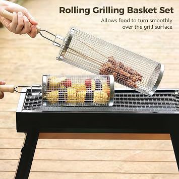 BATTIPAW 2PCS Rolling Grill Baskets with Removable Wooden Handle, 2 Sizes Stainless Steel Nesting Grilling Net for BBQ Meat Vegetables Shrimp, Cylindrical Grill Basket Set for Outdoor Cooking Camping
