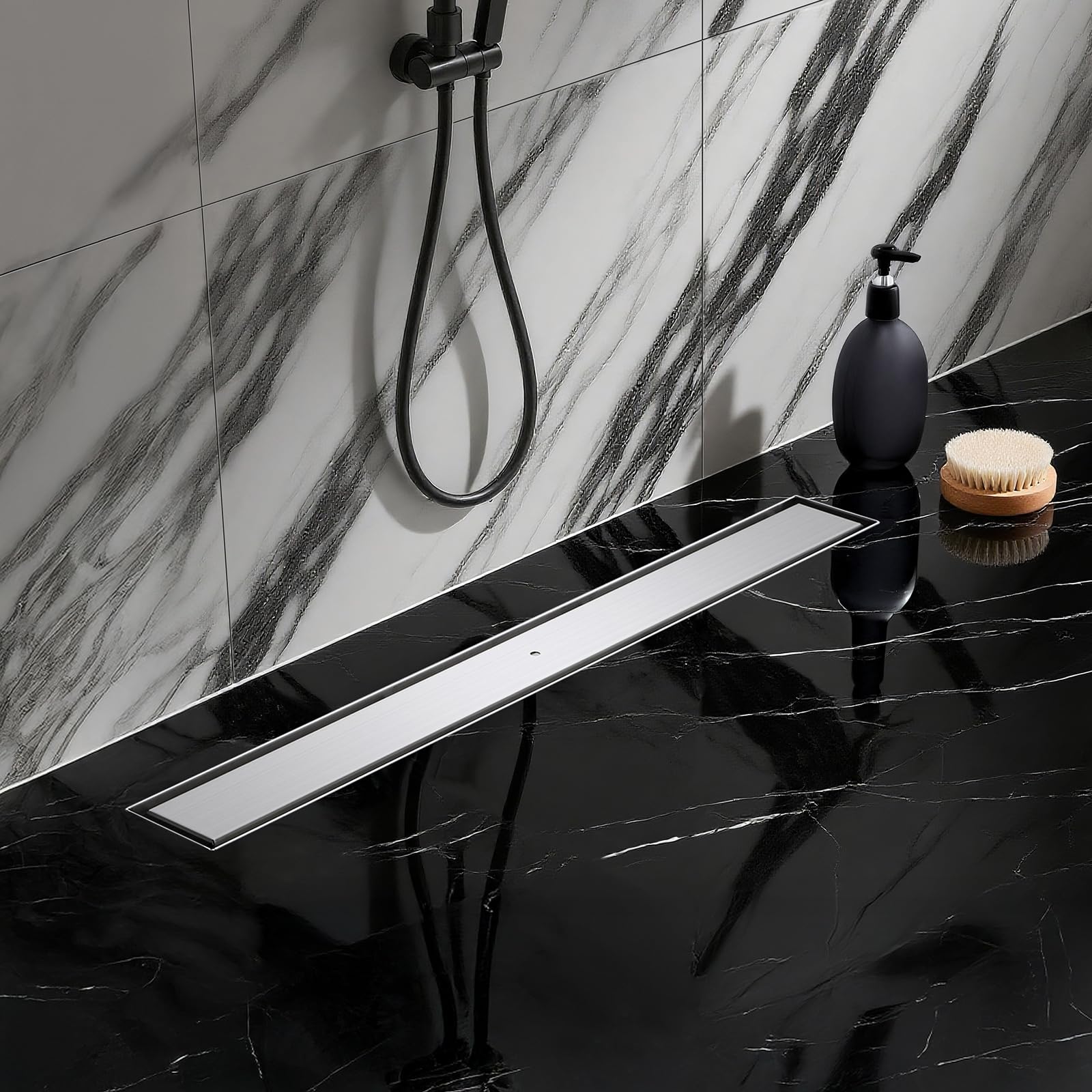 Duschrinne Befliesbar 80cm Gebürstet, 360° Siphon mit Geruchsstop und Haarsieb, 304 Edelstahl Ablaufrinne Bodenablauf Duschablauf sehr Flach DN50 DN40