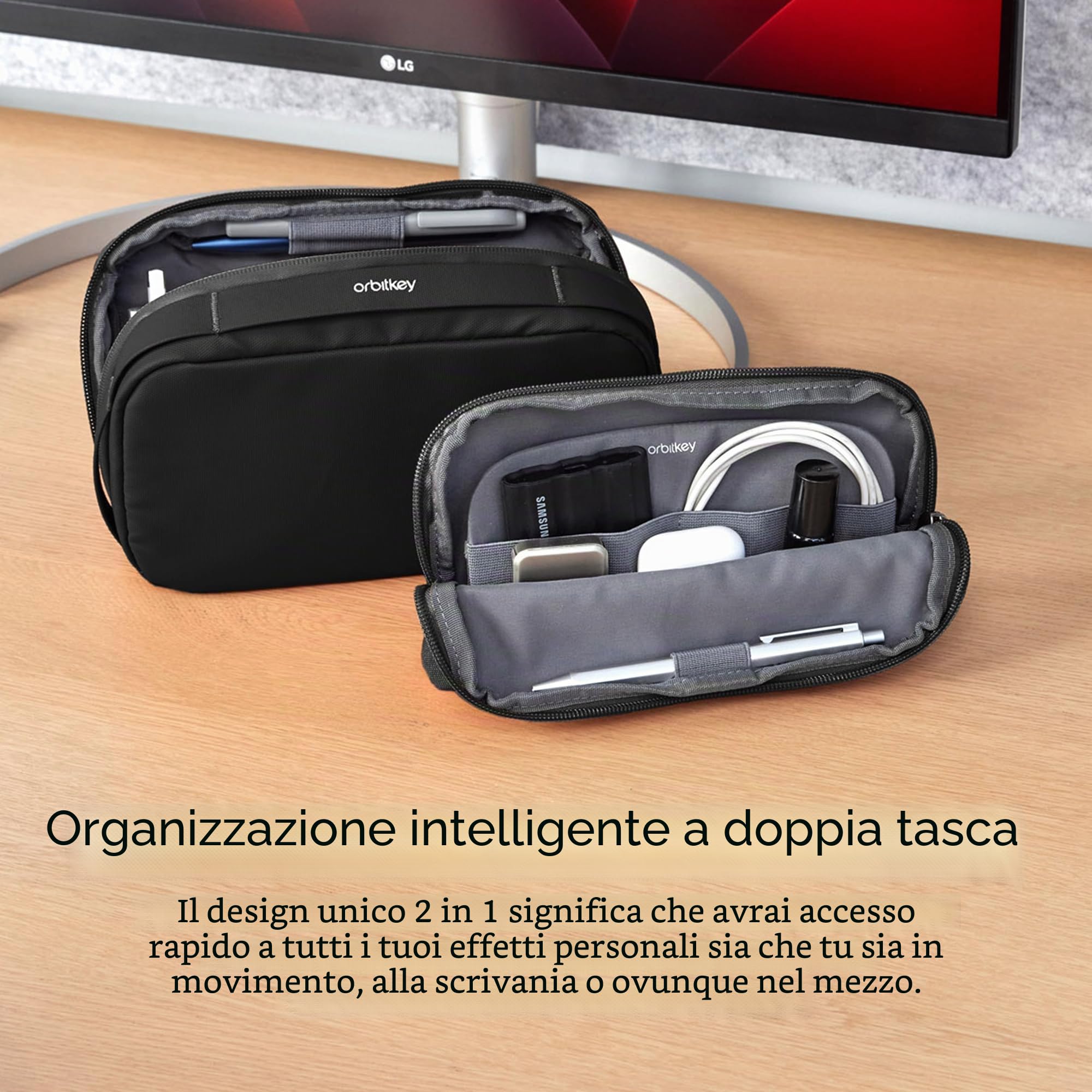 Orbitkey 2-in-1 Tech Accessory Pouch con custodia sottile staccabile - Organizzatore di elettronica da viaggio per cavi, caricabatterie, auricolari, power bank - Borsa gadget compatta e custodia