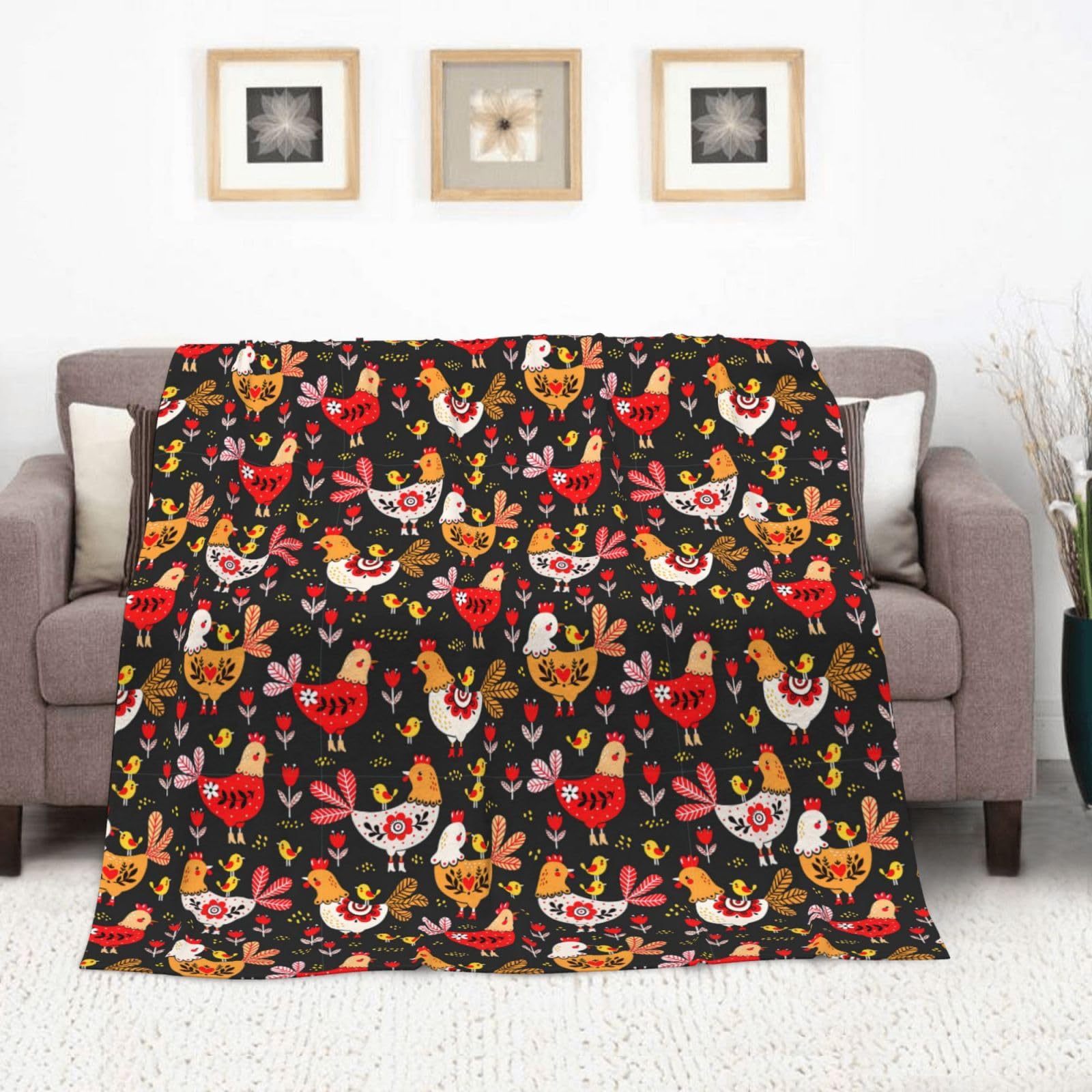 Couverture en flanelle avec imprimé coq et poules - 177,8 x 203,2 cm - Confortable et chaude - Pour l'hiver - Pour camping ou voyage