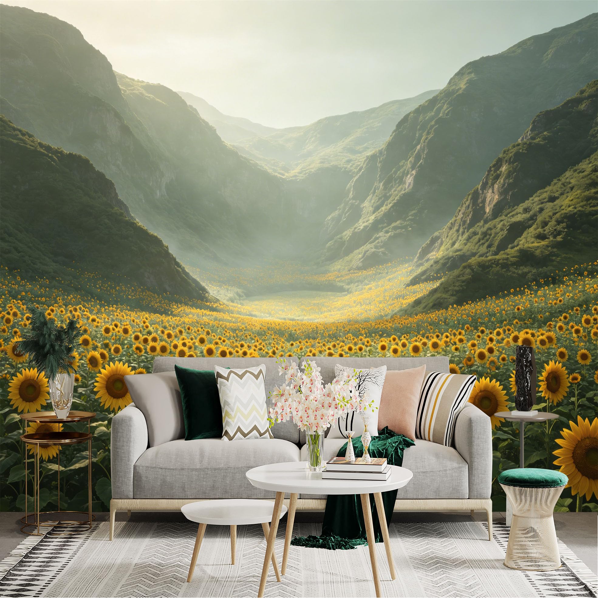 Lnzczhyre Dbh260521620 Custom Size Wall Sticker Mural， Vast Sunflower Field， Golden Valley， Misty Mountains， Scenic Nature Landscape， For Wall Decoration， Peelandstick Wall Decals.