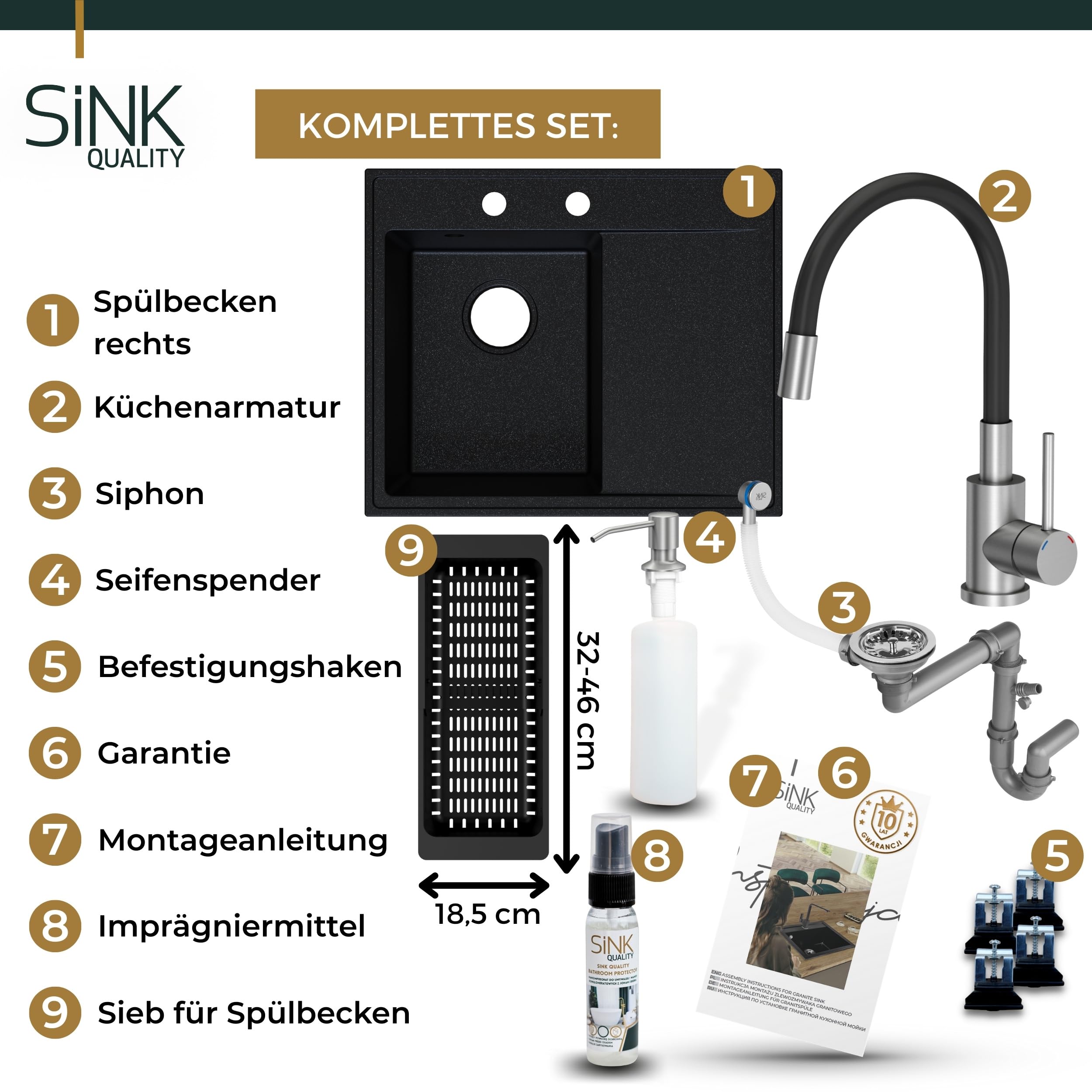 SINK QUALITY Spülbecken Komplettset mit Armatur 60x50 cm - Küchenspüle schwarz gesprenkelt mit Abtropffläche - Küchenarmatur, Seifenspender, Sieb, Siphon - Spüle links für 40er Unterschrank