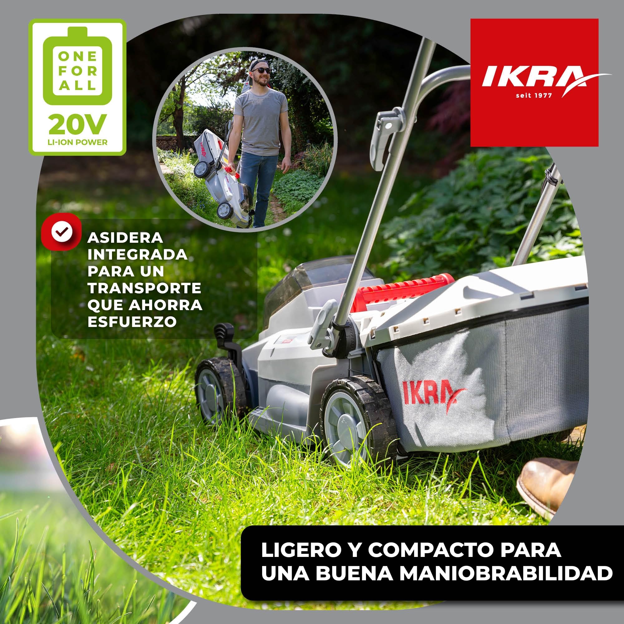 IKRA cortacésped ICM 2033, Ancho 33 cm, Incl. 2 baterías de 20 V y Cargador | Altura de corte de 25-75 mm, cortacésped mulching para céspedes de hasta 150 m², bolsa 30 l, gama de baterías de 20V de IKRA