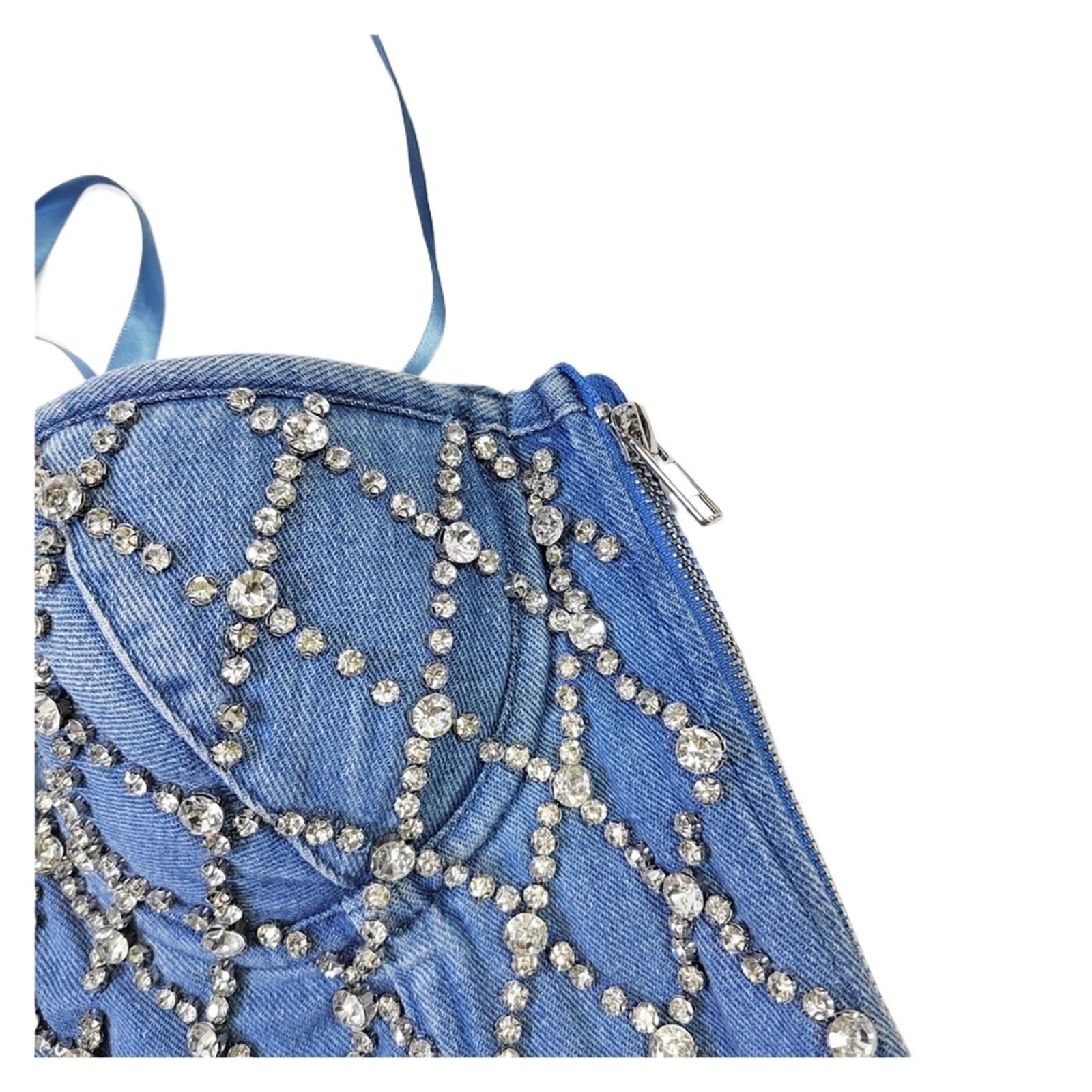Corsetto da donna con paillettes e diamanti, in denim, sexy, for ragazze, bustier, for feste in discoteca, top corto, push-up