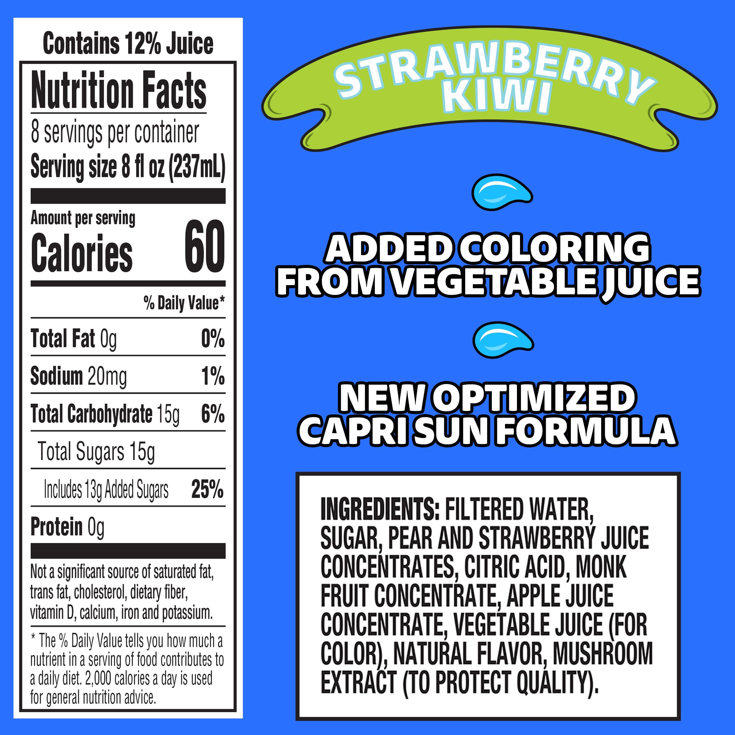 Capri Sun Strawberry Kiwi Flavored Juice Drink Blend from concentrate with other natural flavors, 64 oz Bottle