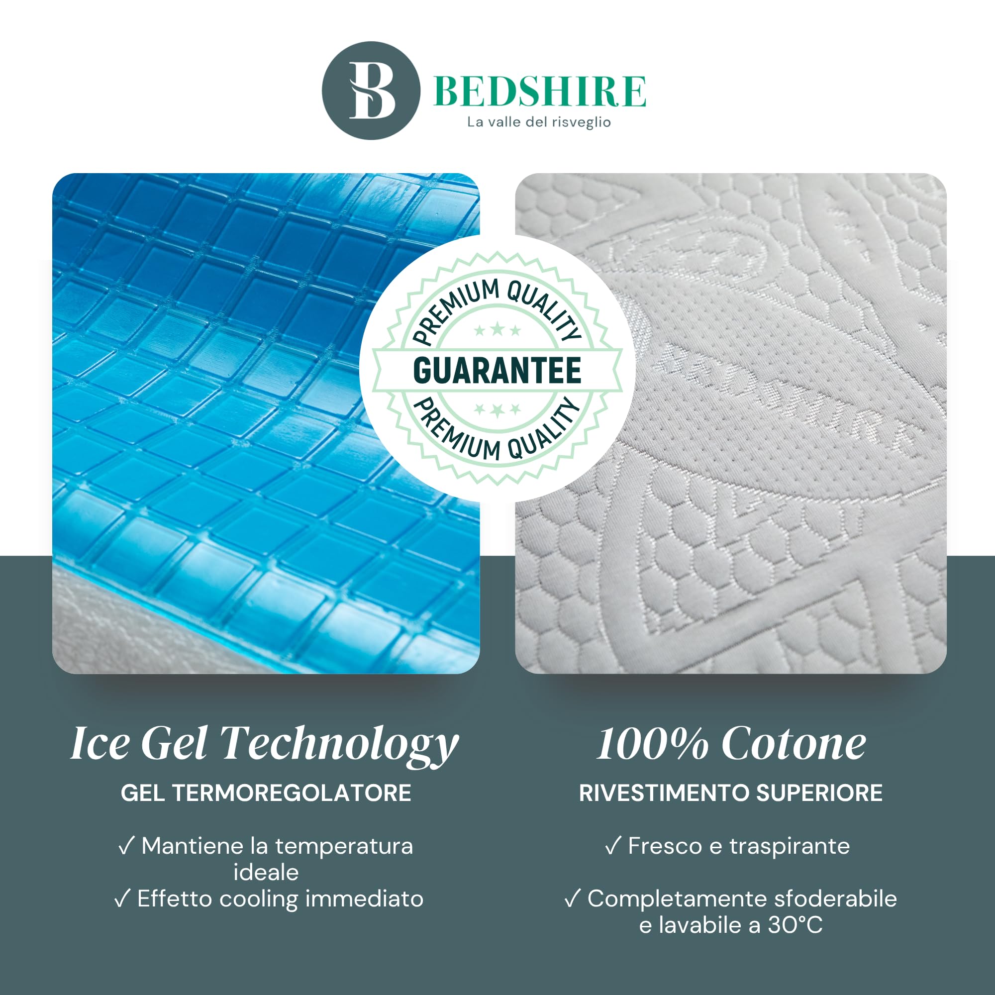 Bedshire Pillow - Par de almohadas cervicales, almohada ortopédica para cuello, de espuma viscoelástica HD, funda de algodón desenfundable con gel termorregulador y lados transpirables, 13 cm de
