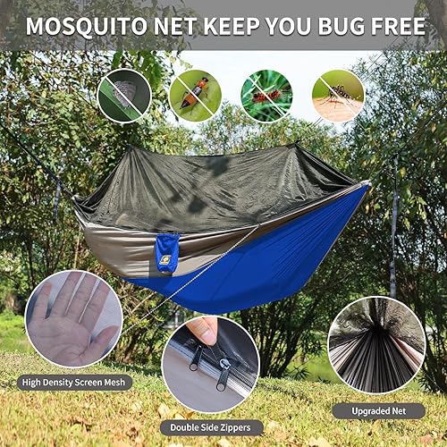 Miniatura 2 de Hamaca de camping con red, hamacas ligeras portátiles de viaje con correas para árboles y mosquetones sólidos en forma de D, hamaca de nailon de