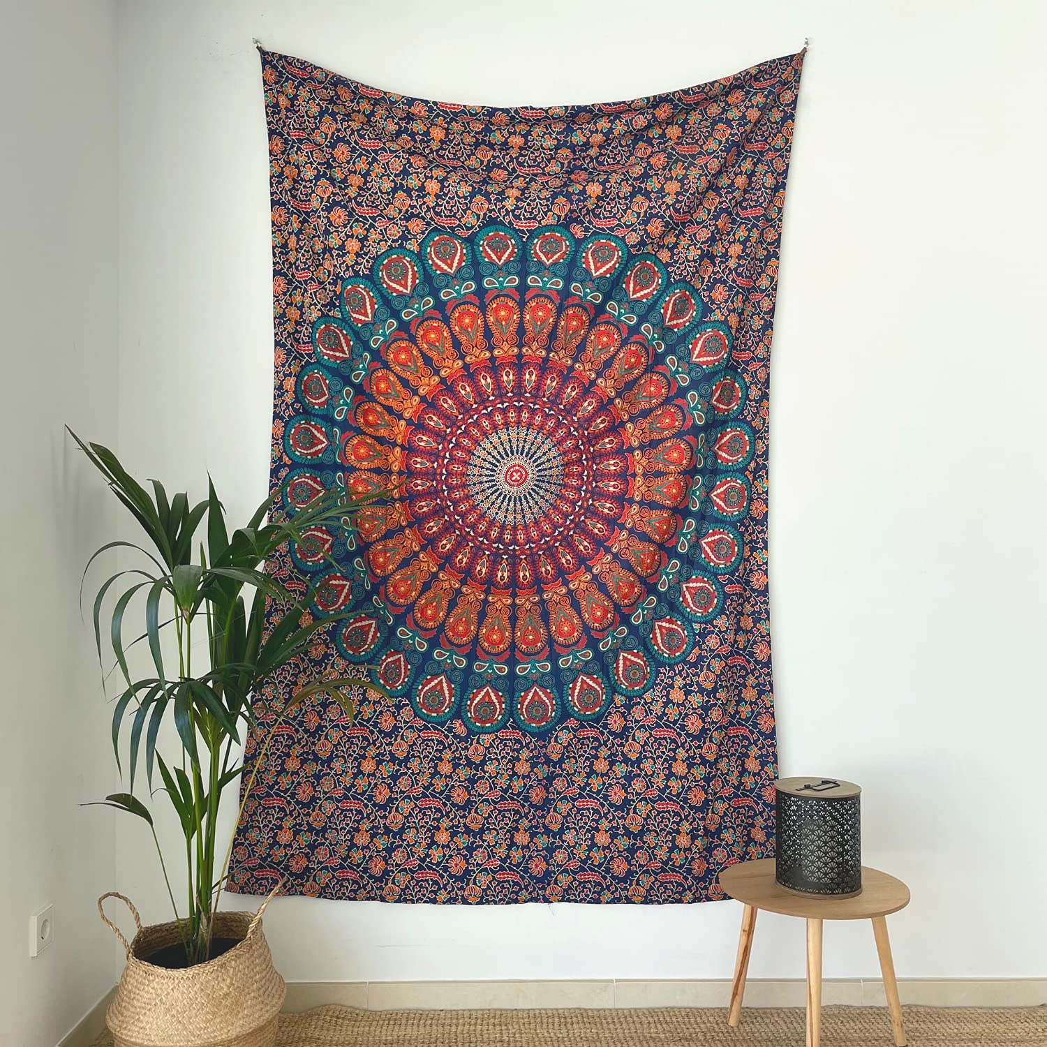 MOMOMUS Mandala Tapestry Wall Hanging – Mural Art, 100% Cotton, Bohemian & Lightweight – Indian Wall Tapestry for Bedroom Aesthetic - Blue and Red, 135x210 cm