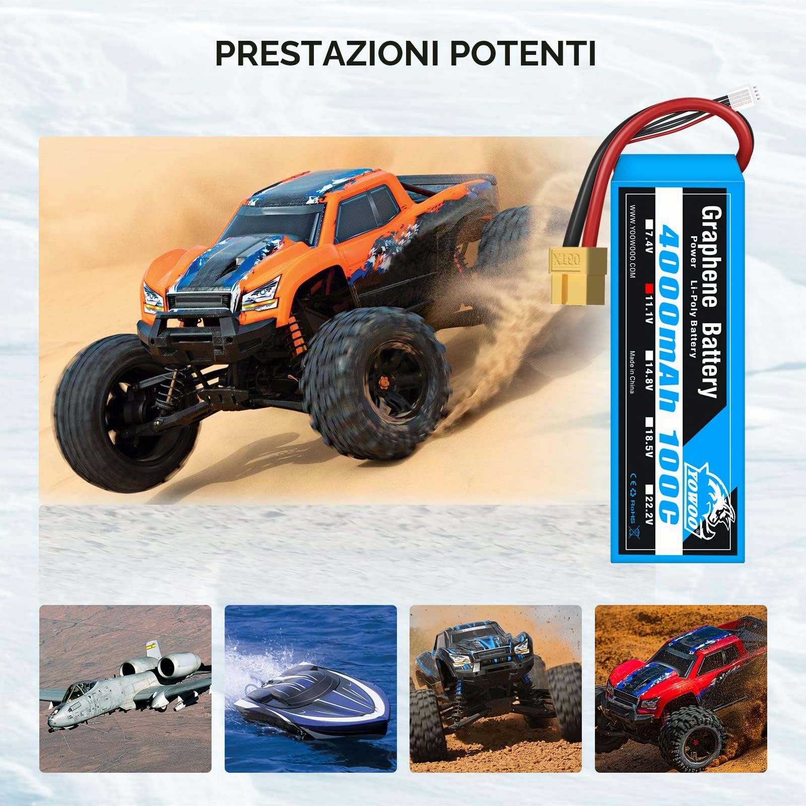 Yowoo 2 Pack 3S Batteria Lipo 4000mAh 100C 11,1V Grafene Batteria con Connectore spina XT60 per RC Elicottero Aereo Auto Barca Camion Barca (EC3 / Deans/Trx/Tamiya)