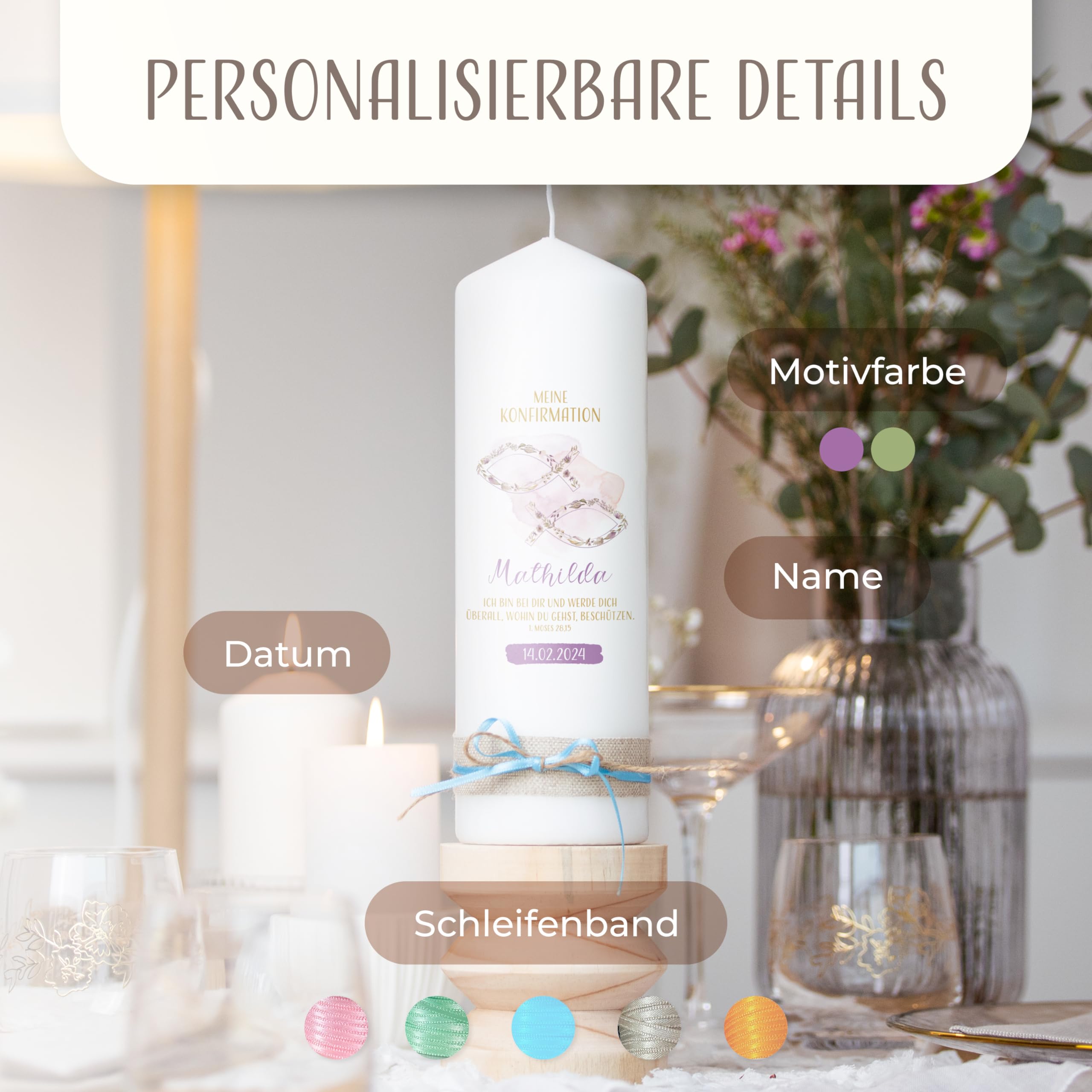 AMARI ® Konfirmationskerze personalisiert Fischsymbol (002.09.07) 25/8 cm- Kerze Konfirmation - Konfirmationskerze mit Namen und Datum - Konfirmation Kerze personalisiert Mädchen Junge