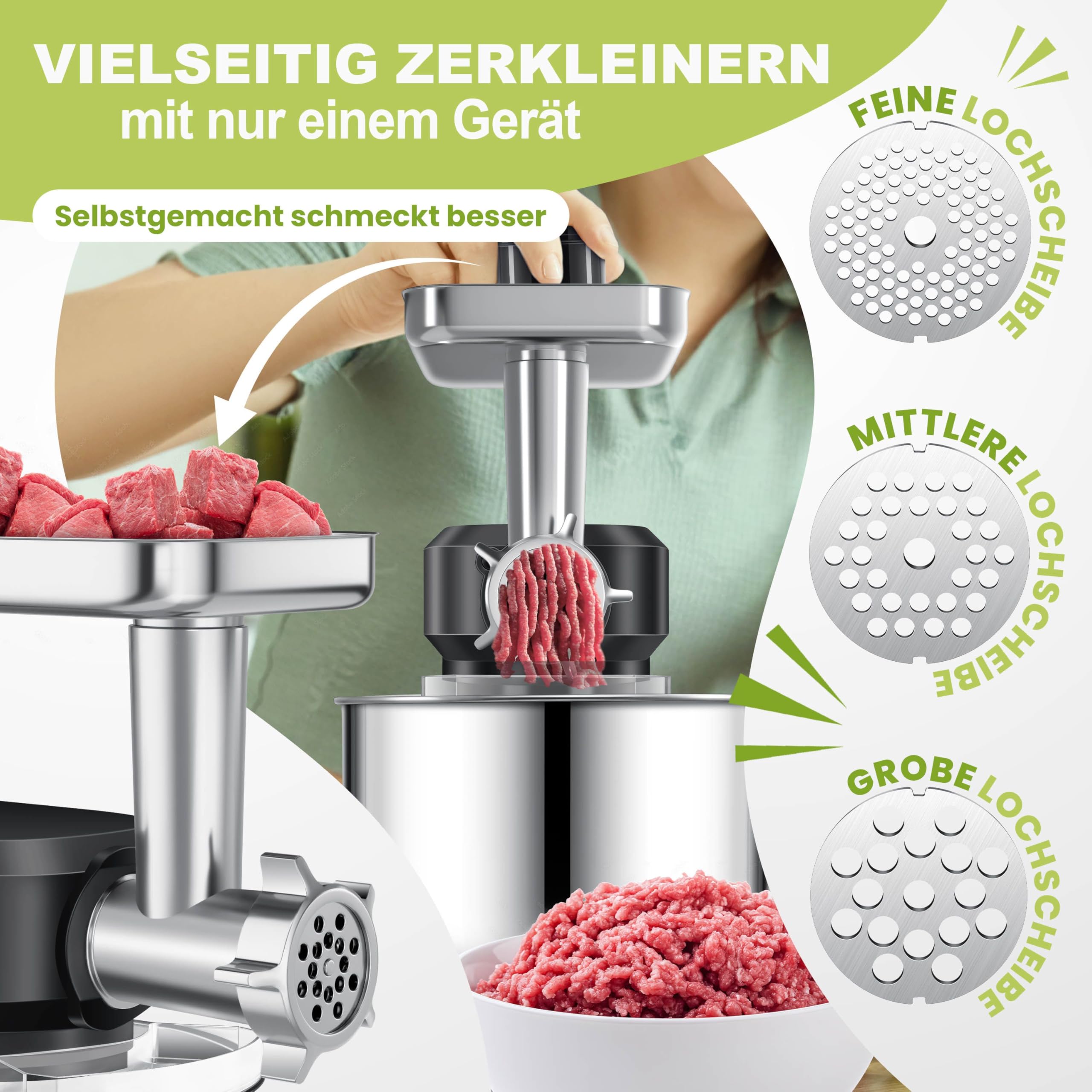 KESSER® Küchenmaschine 3in1 mit Fleischwolf & Mixer, 1500W Knetmaschine 5,5L Rührschüssel + Spritzschutz, 6 Geschwindigkeiten, Knethaken, Schneebesen, Rührhaken & Raspeln, Backen & Kochen, Schwarz