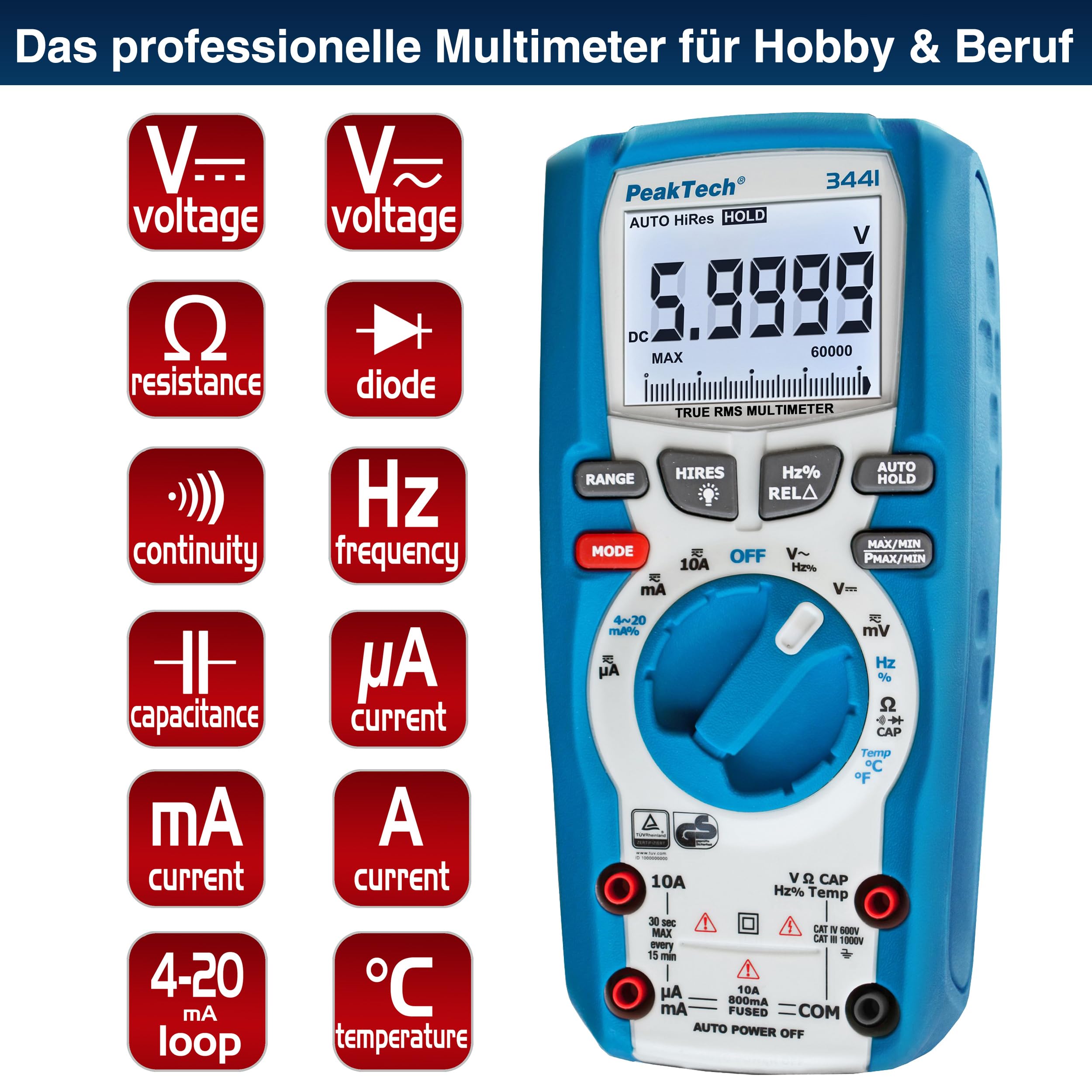 PeakTech P 3441 – True RMS Multimeter Digital für Elektriker mit 60000 Counts, Profi-Handmultimeter für elektrische Leitungen,TÜV/GS,Durchgangsprüfer,Voltmeter,Strommessgerät - CAT III 1000 V,Blau