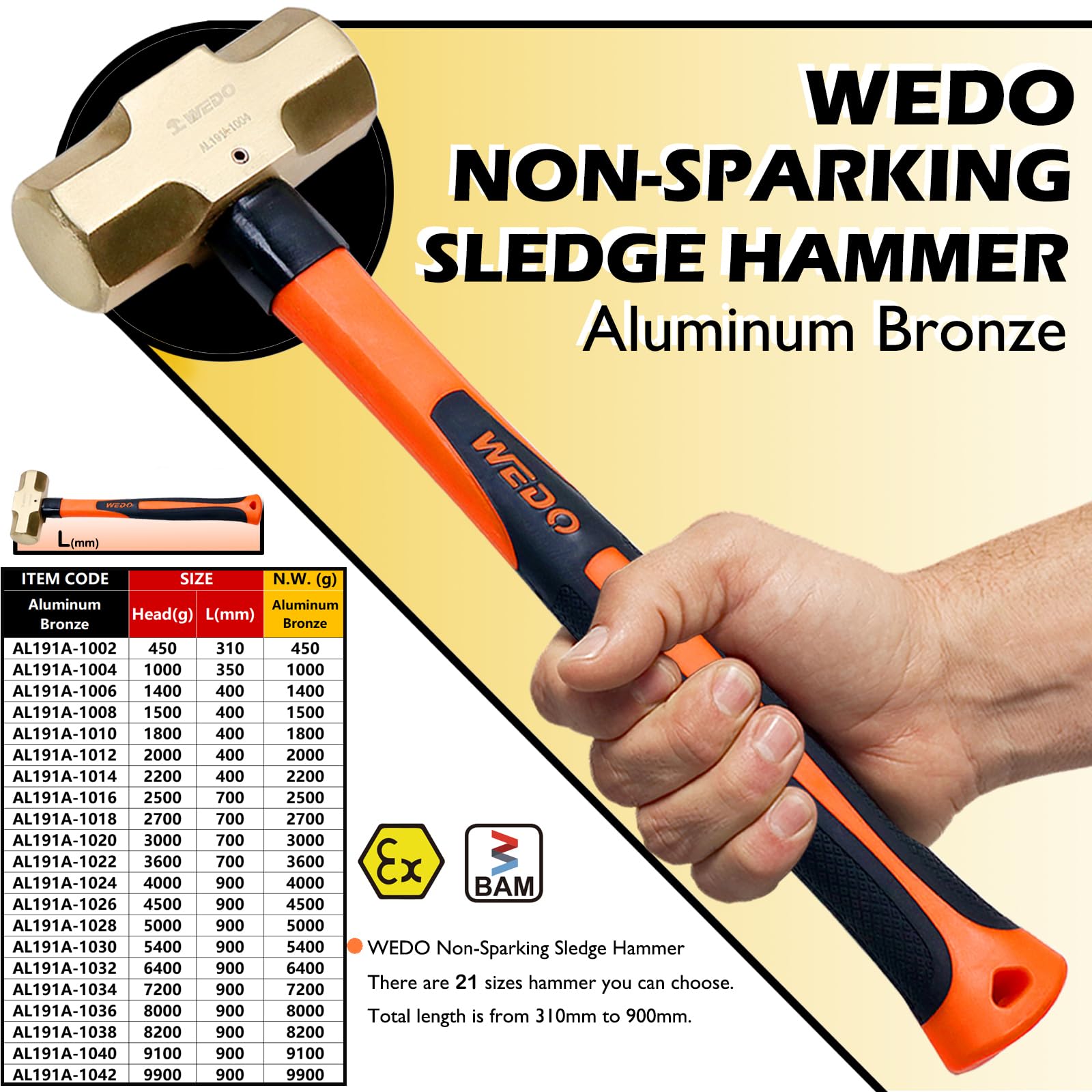 WEDO Martillo de trineo sin chispas con cabeza de 8000 g, martillo de seguridad sin chispas con eje de fibra de vidrio, longitud 900 mm, bronce de aluminio, forjado a presión, resistente a la