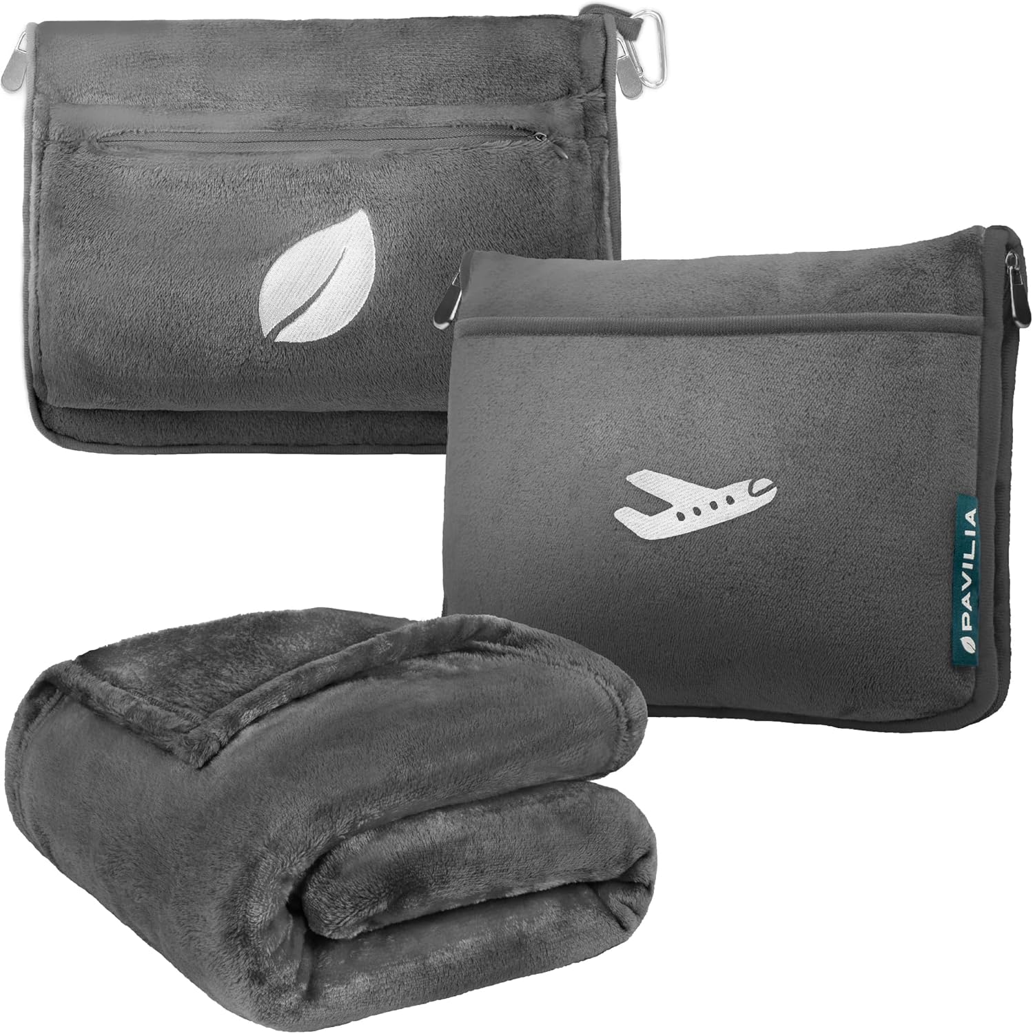 PAVILIA Travel Blanket Pillow, Airplane Blanket Set in Soft Bag with Pockets, Plane Blanket Compact Packable, Flight Essentials Car Pillow, Travelers Accessories Gifts, Luggage Strap, Gray