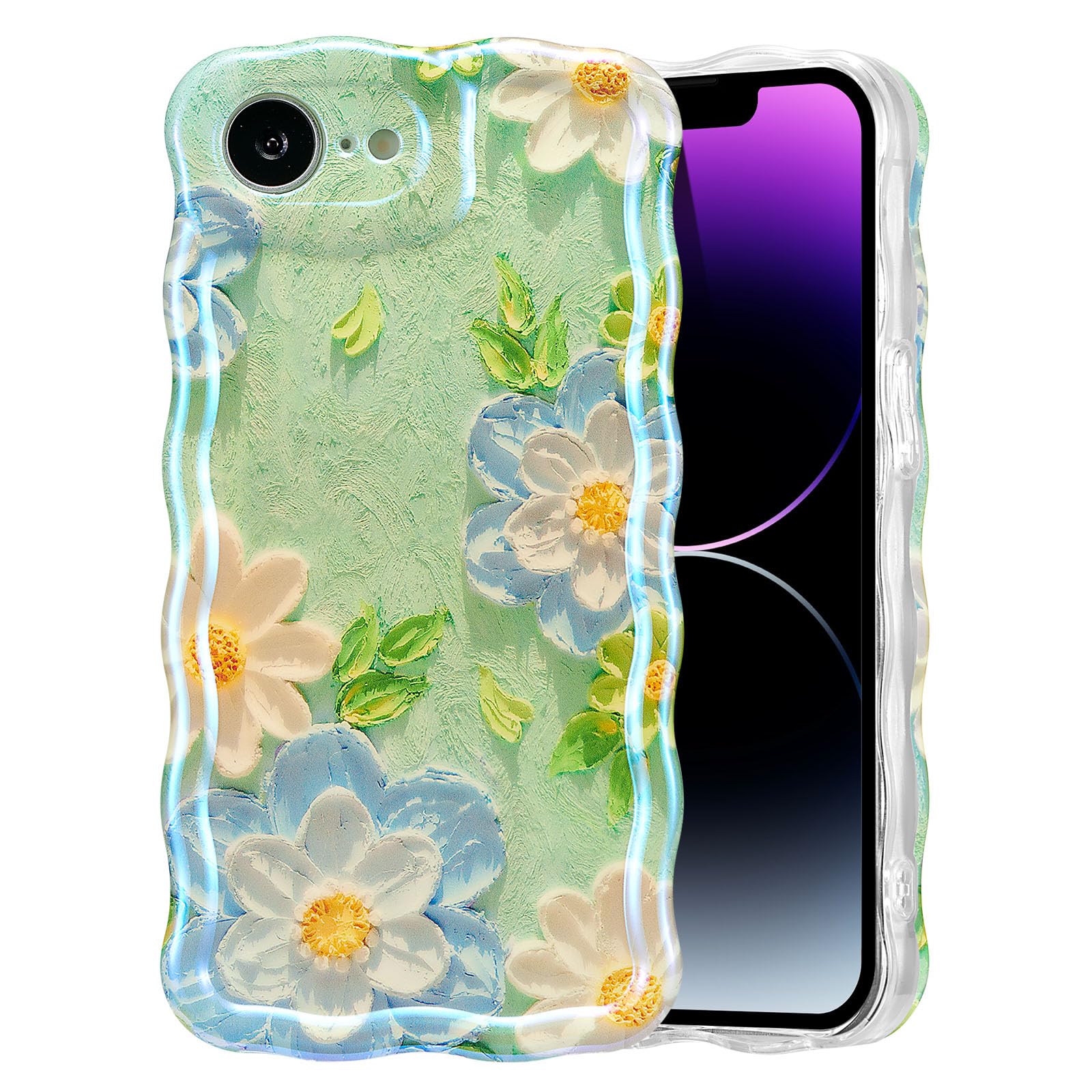 EYZUTAK Case for iPhone 15, Colorful Retro Oil Painting Flower Laser Beam Glossy Pattern Cute Curly Waves Border Exquisite Phone Cover Stylish Durable Soft TPU Protective Case for Girls Women - Green — view 76
