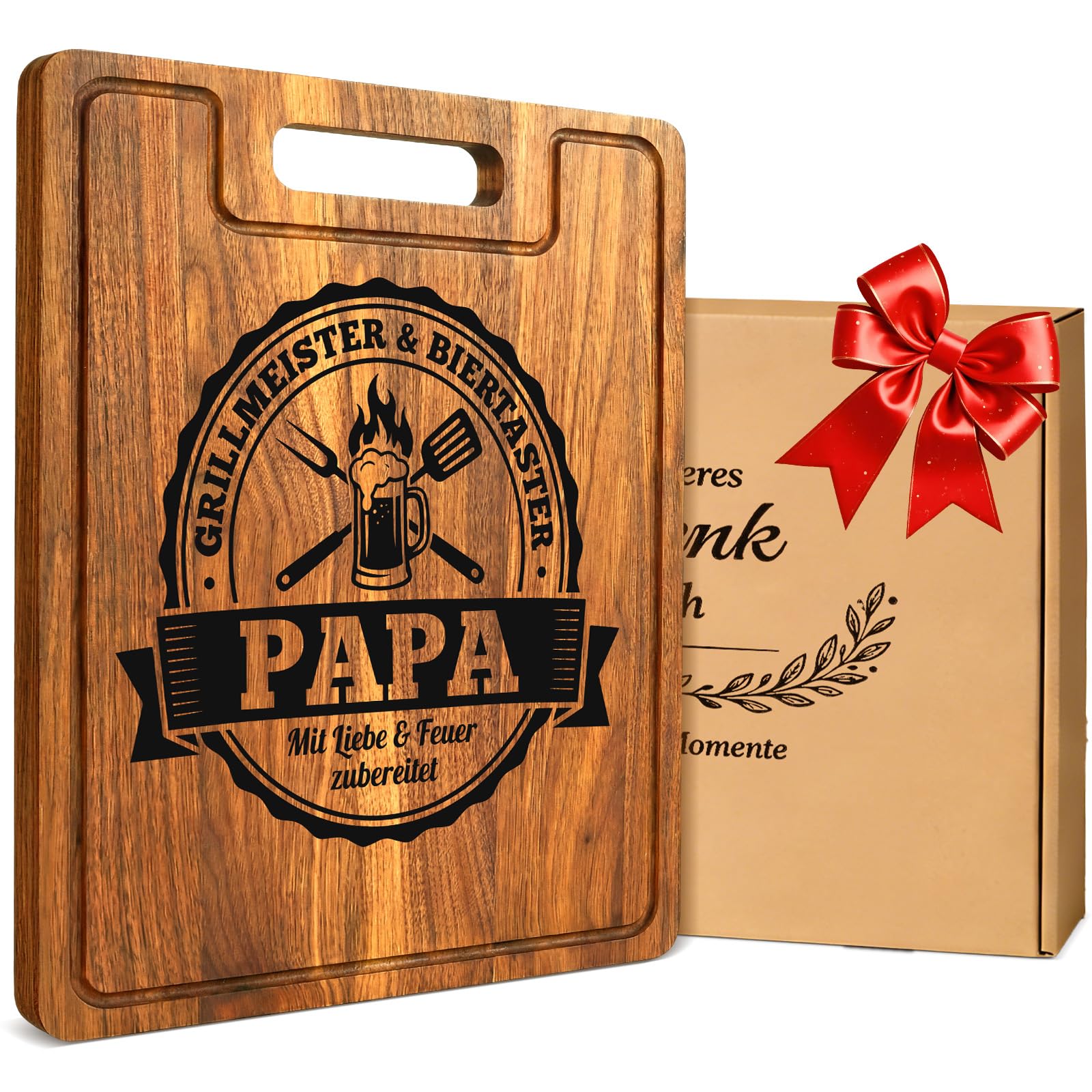 Bafeil Muttertagsgeschenk für Mama - XXL Akazienholz Schneidebrett Dick 2CM mit Saftrille - Geschenk Mama Geburtstag, Edles Geburtstagsgeschenk für Mutter inkl, Geschenkbox & Leinentuch
