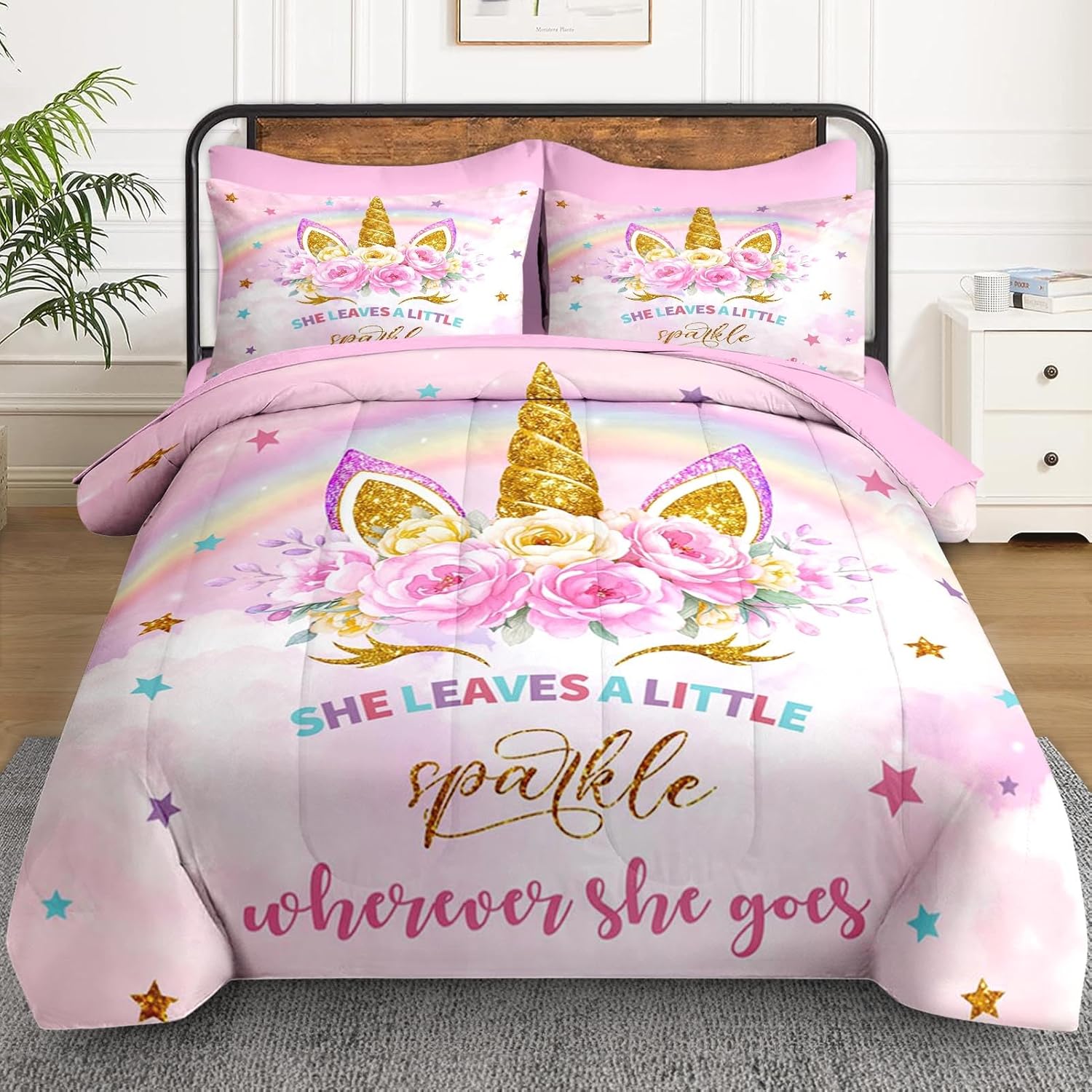 Twin Size Comforter Set with Pillowcase & Sham, Cute Golden Unicorn 5 Pcs Bedding for Kids and Teens, Pink Rainbow Star Rose Flower Bed in a Bag with Flat Fitted Sheet - Image 2