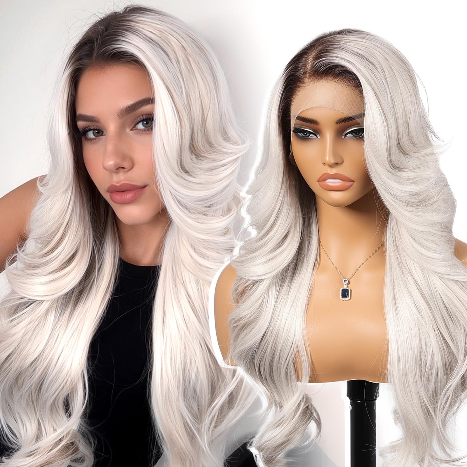 Photo 1 of KOME Platinum Blonde Synthetic Lace Front Wig,13x4 HD Lace Layered Wave Light Grey Glueless Wigs for Women Daily Use 26IN