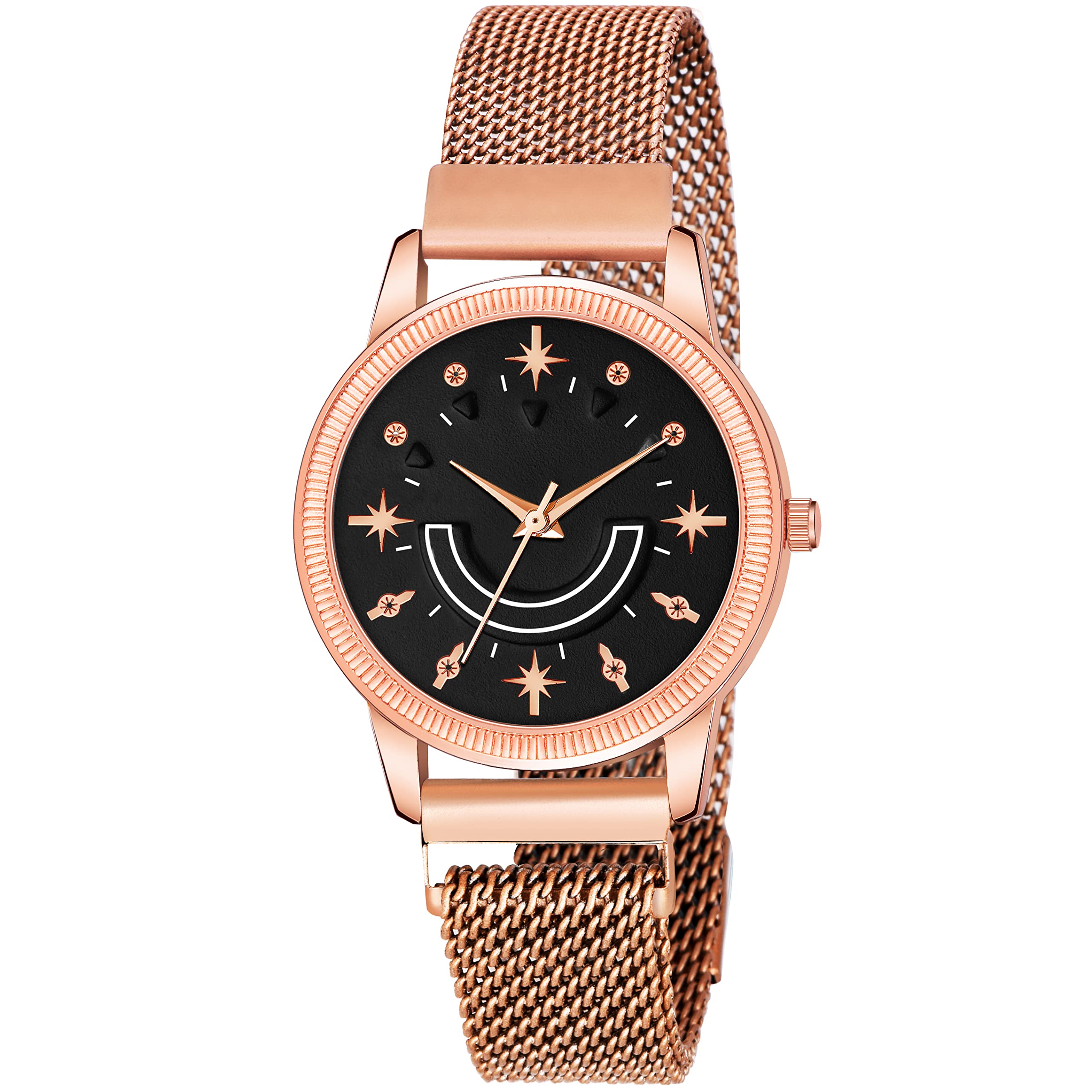 KIROH Analogue Smiley Black Dial Magnetic Metal Strap Watch for Girls and Women (Rose Gold-Black) (B0B3JC9751) Amazon Price History, Amazon Price Tracker