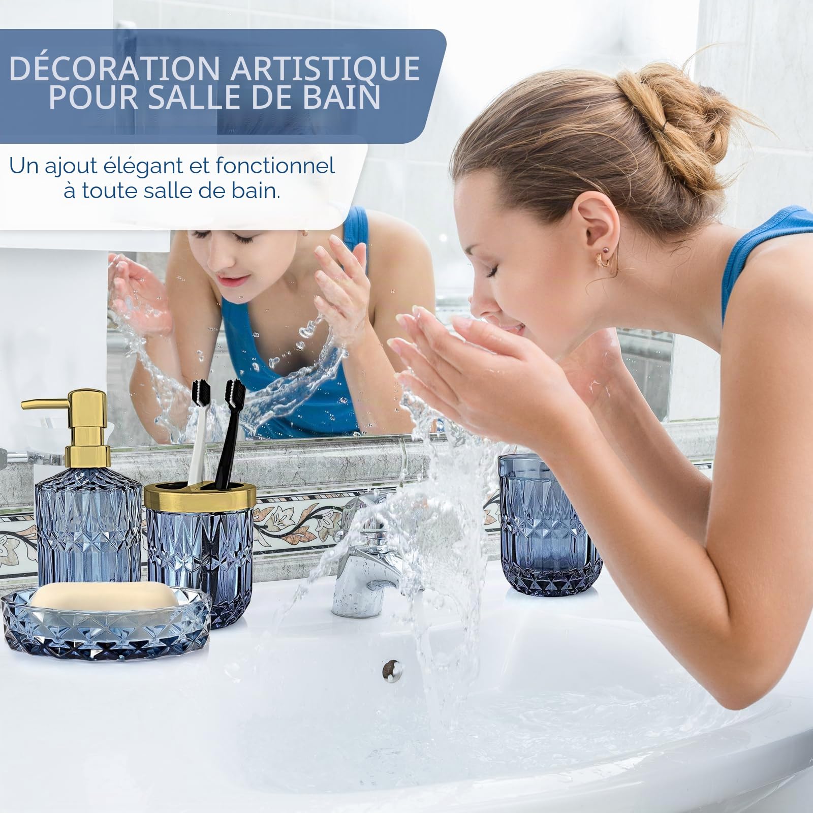 Lot de 5 Accessoires Salle de Bain en Verre - Decoration Salle de Bain avec Distributeur Savon, Porte Brosse à Dents,Tasse en Verre, Pot à Cotons-tiges et Porte-Savon, Gobelet, Cadeau de Luxe, Bleu