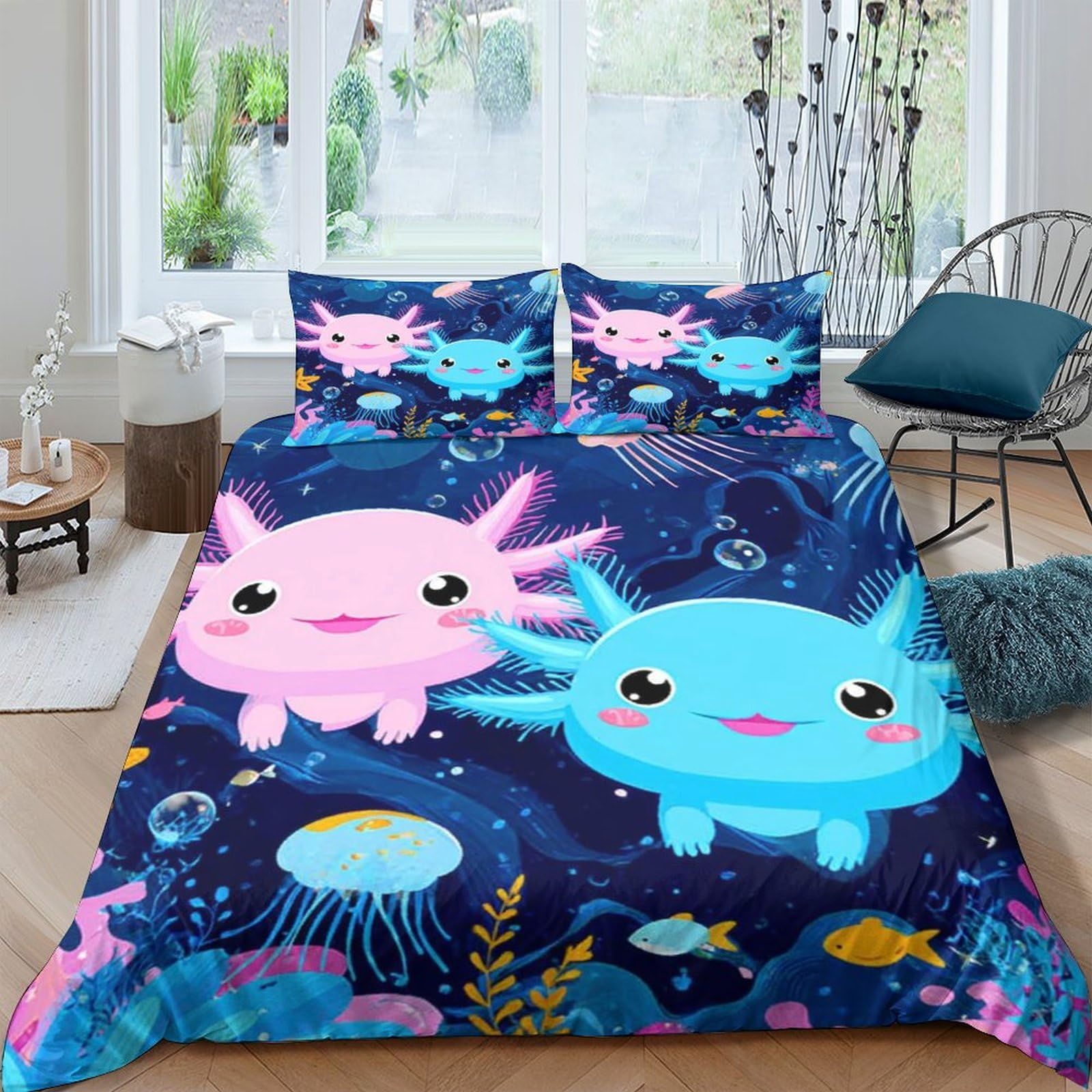 GPLZQXKJNH 3D Printed Cute Axolotl Duvet Cover Set Microfiber Soft Underwater Cartoon Bedding Set with 2 Pillowcases for Bedroom Decor Single（135x200cm）