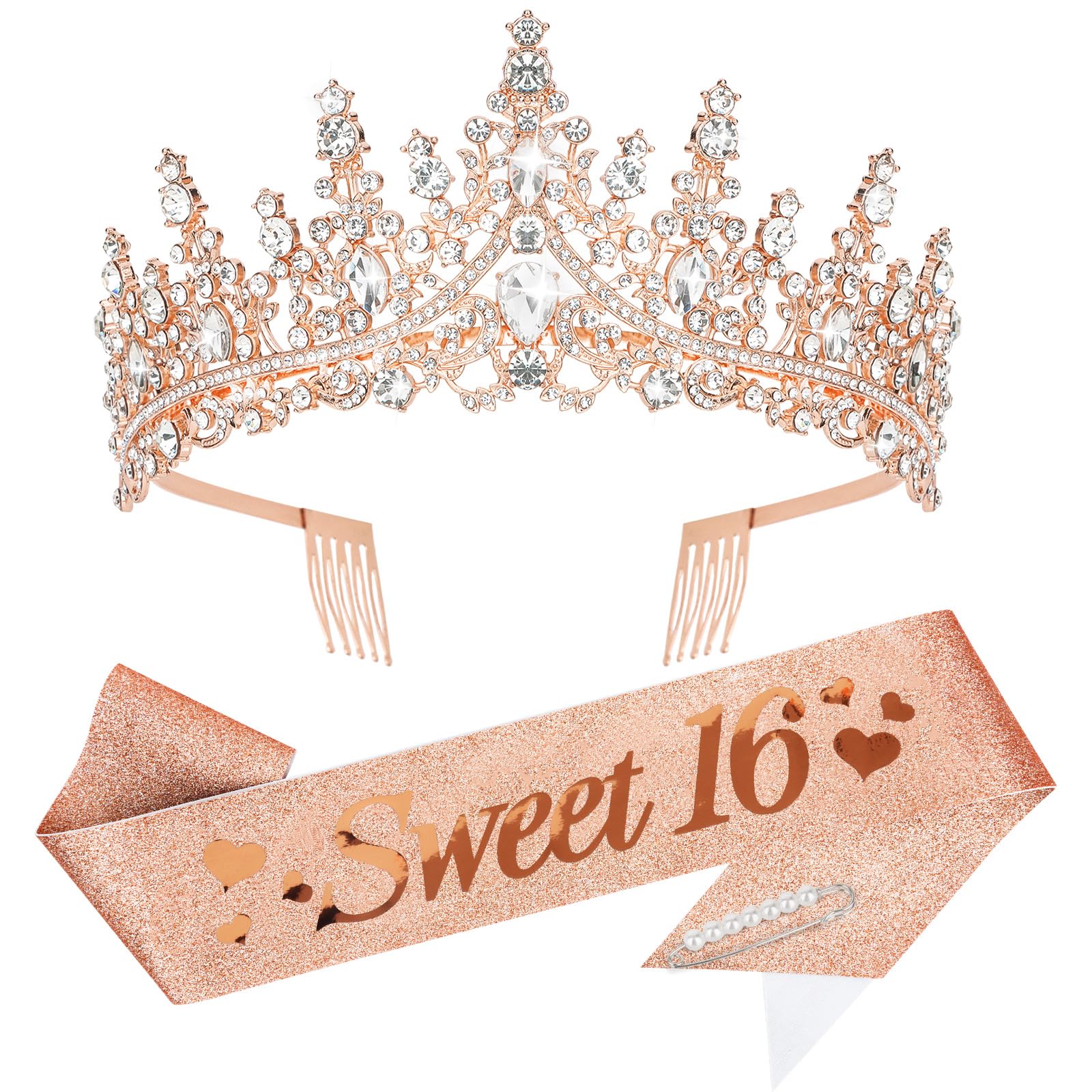 Amariver 16th Birthday Crown and Sash for Girls Sweet 16 Birthday Decoration 16th Rose Gold Birthday Tiara and Sweet 16 Glitter Birthday Sash 16th Birthday Party Gifts Birthday Party Supplies