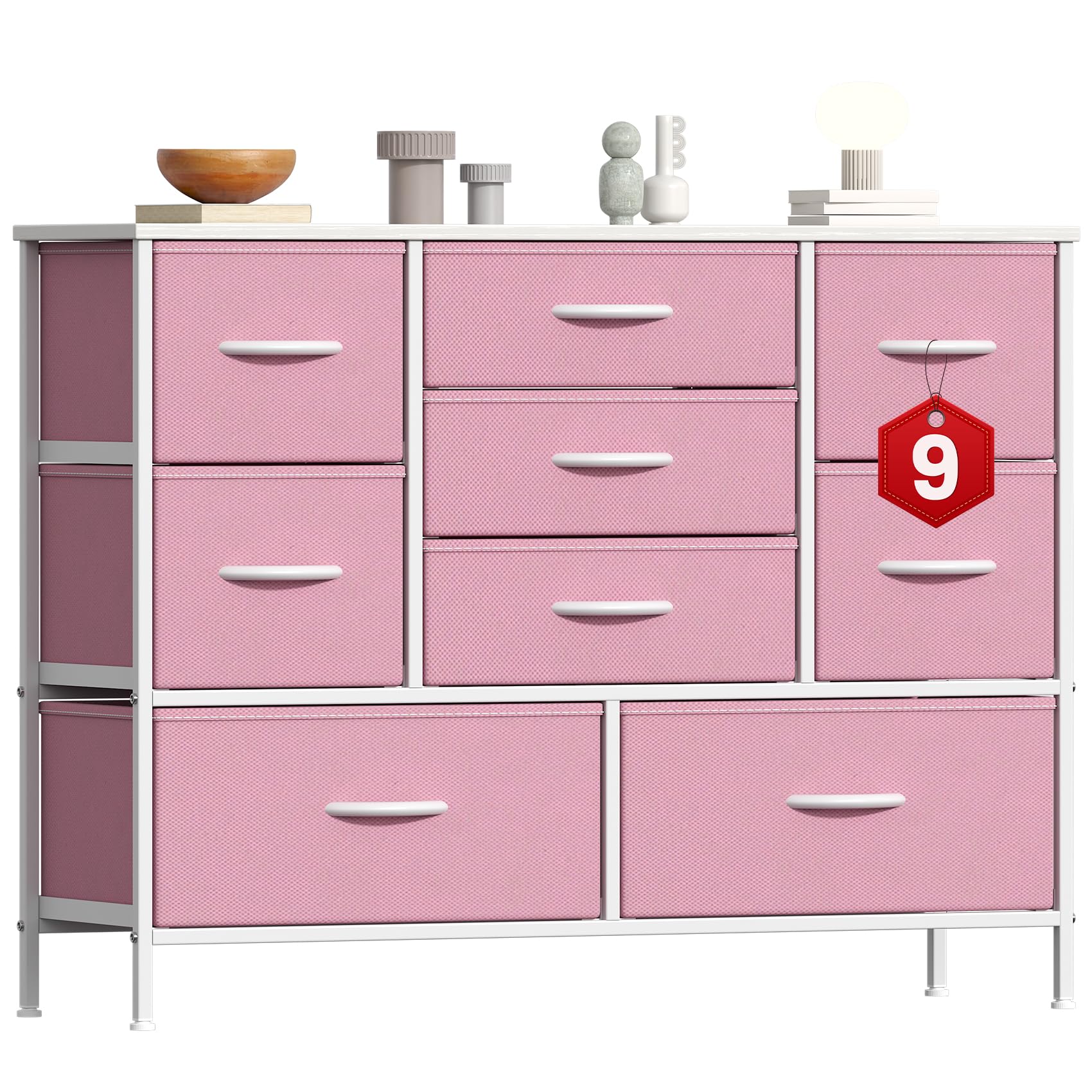 GoaHi Chest of Drawers, Large Dressers with Metal Frame and MDF Wooden Top Board, Adjustable Feet, Anti-Tip Safety, Storage Unit with 9 Drawers for Bedroom, Living Room, Closet, Office Pink