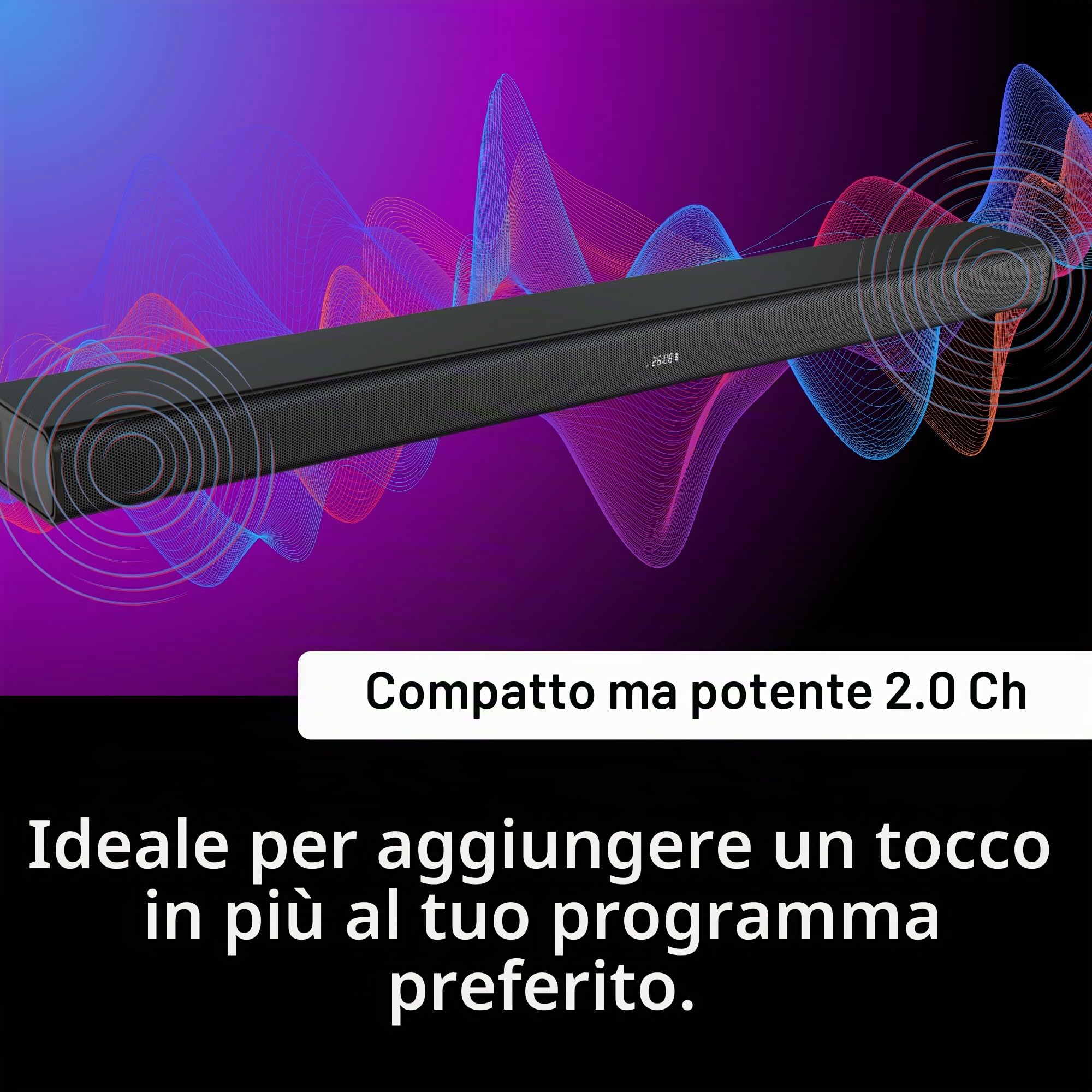HYE Soundbar Bluetooth 2.0 canali per TV, 60 W Compact Black Sound Bar con HDMI, USB, AUX, telecomando - Sistema audio wireless con bassi profondi, design sottile - ideale per la tua televisione