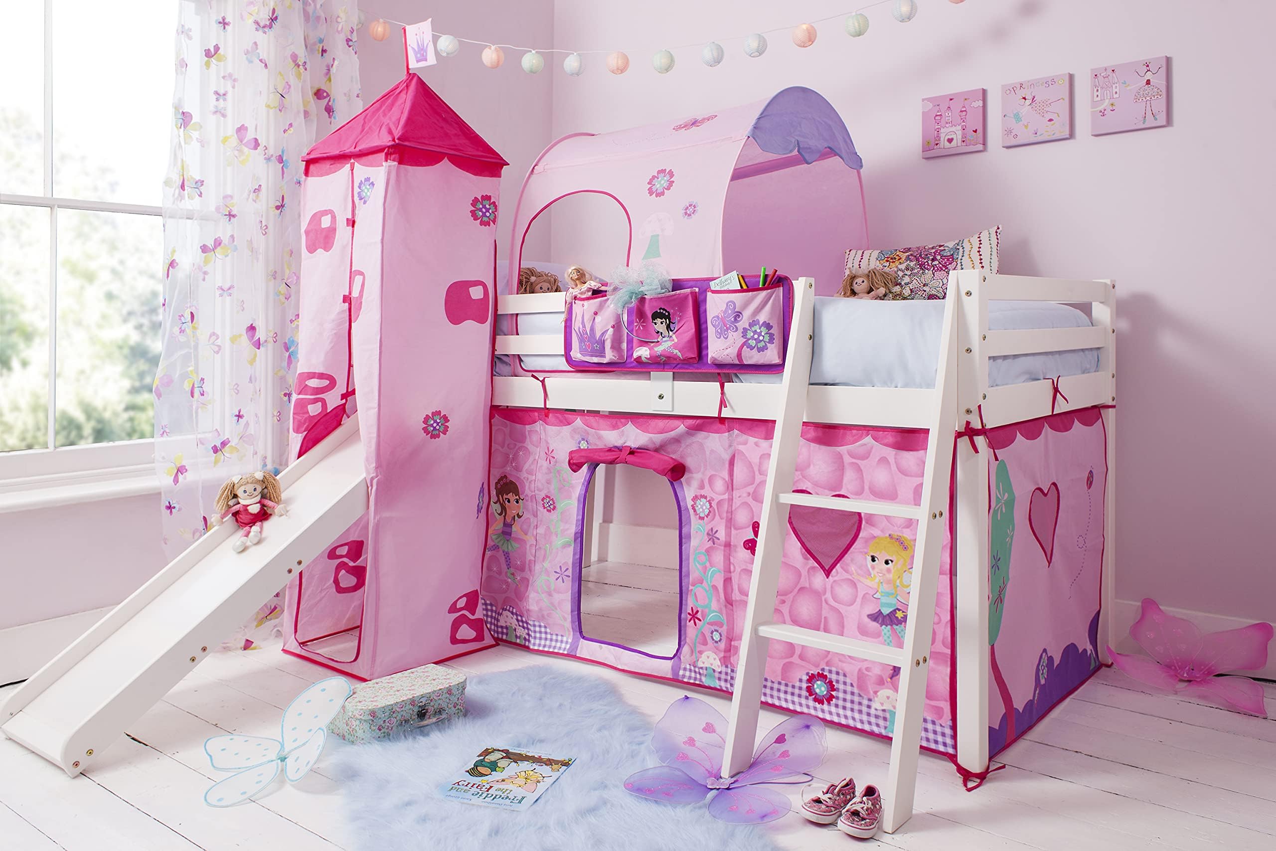 Noa & Nani Kids Mid Sleeper Bed – Solid Wood Single Loft Bunk Bed with Slide, Fairies Tent, Tower & Tunnel - Magical & Fun Pink Princess Bed Canopy for Girls Bedroom & Playroom