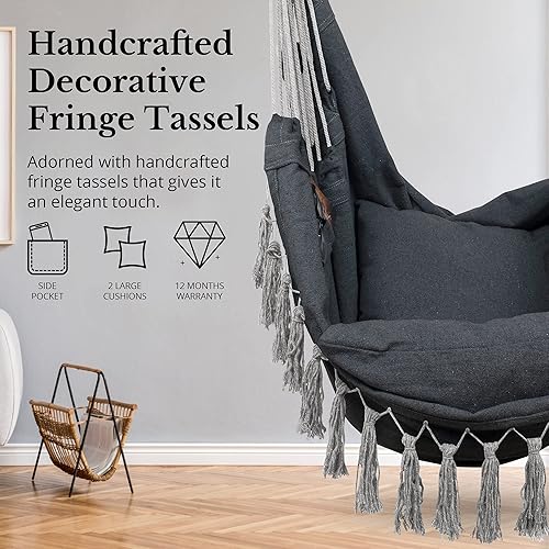 Miniatura 4 de KOMOREBI Silla hamaca  Gris  60 x 47 pulgadas  Columpio de cuerda colgante para interiores y exteriores  Lona de algodón suave y duradera  2 cojines