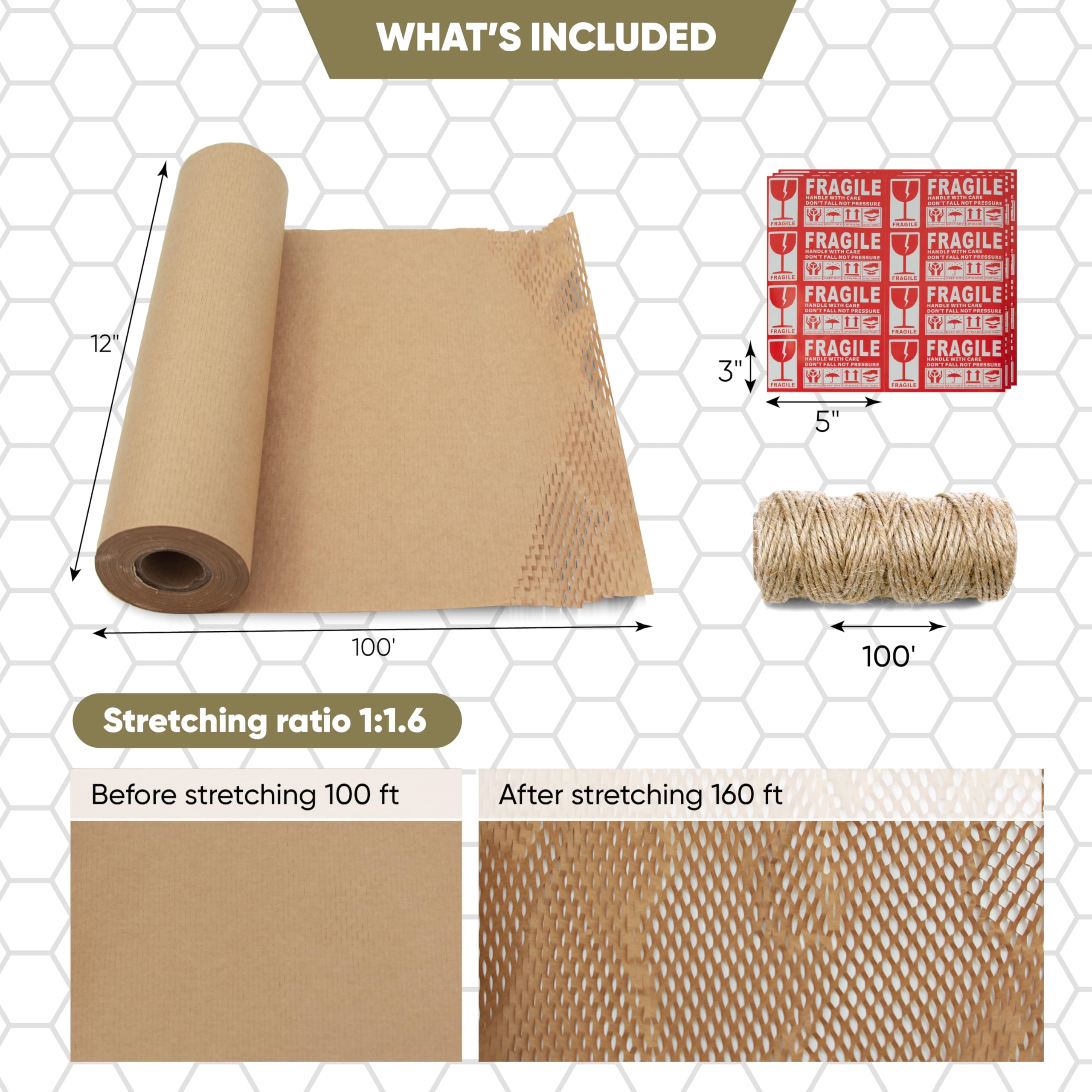 Papel de embalaje de panal de 12 x 100 pies para suministros de mudanza con 24 calcomanías frágiles y cordel de yute de 100 pies. Material de embalaje ecológico para embalar artículos