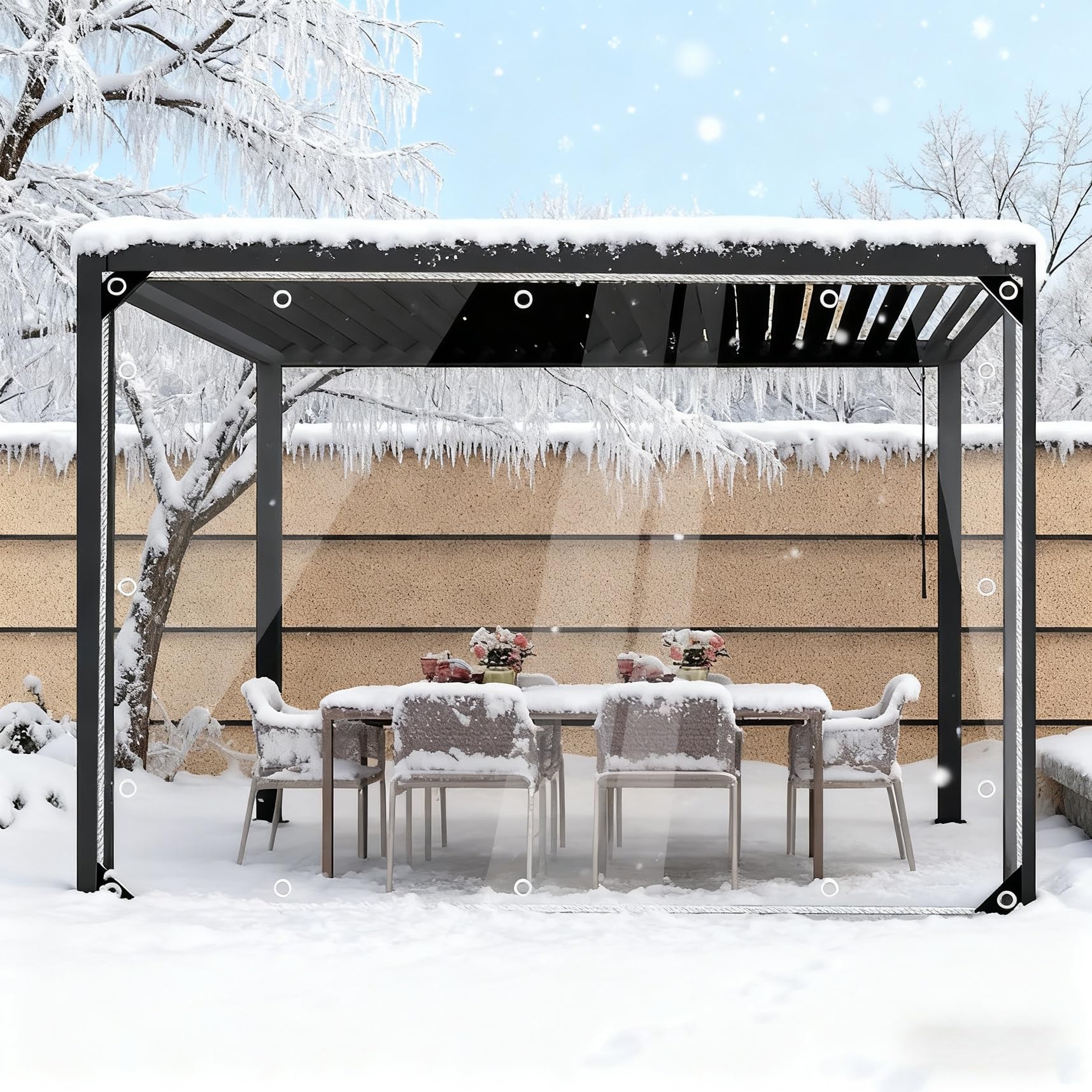 Przezroczysta Plandeka 215 x 295 cm Wytrzymała Tkanina 400 G M², Wiatroodporna, Odporna Na Rozdarcia, UV Przezroczysta Plandeka Pcv Z Oczkami I Liną, Altany, Do Ogrodu, A
