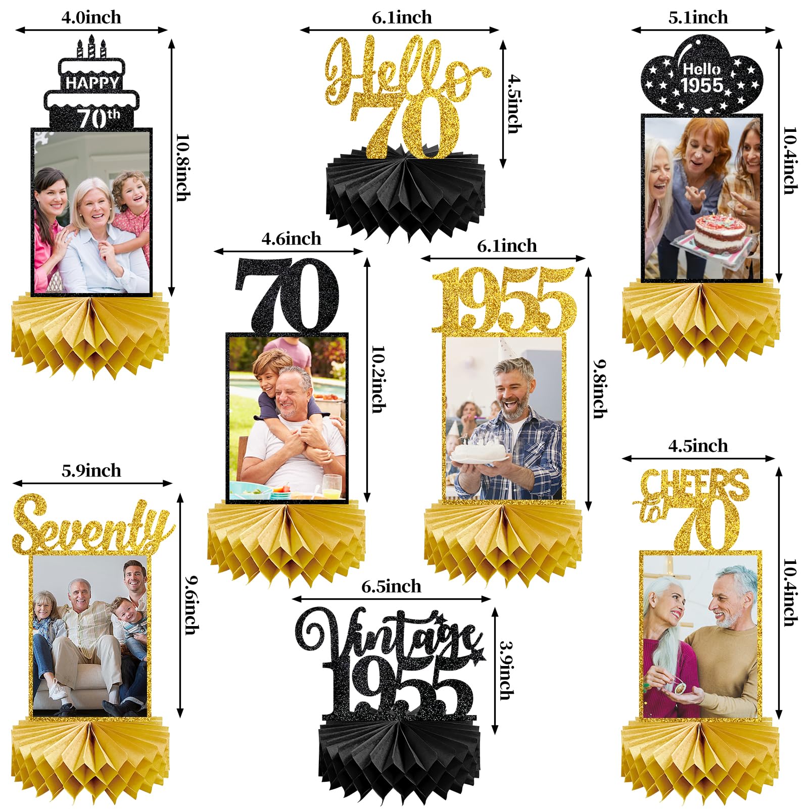 Eucutur 8Pcs 70th Birthday Decorations Honeycomb Centerpieces for Women Men, Black Gold Vintage 1955 70th Bday Photo Table Centerpieces Party Supplies, Glitter Cheers to 70 Year Old Bday Table Topper
