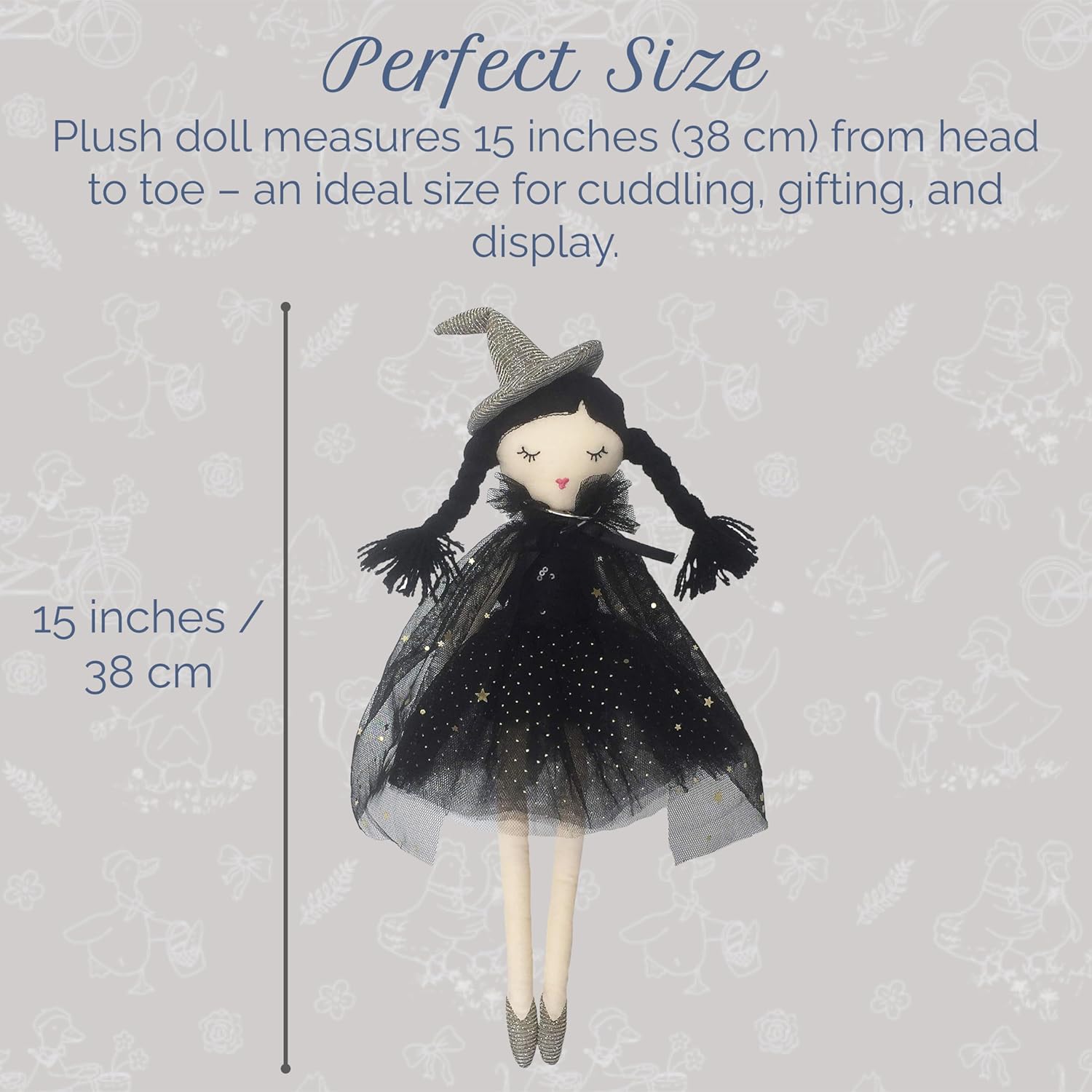 MON AMI Cassandra Witch Doll – 15” | Soft & Elegant Plush Doll for All Ages | Spooky, Cute Holiday & Halloween Decoration