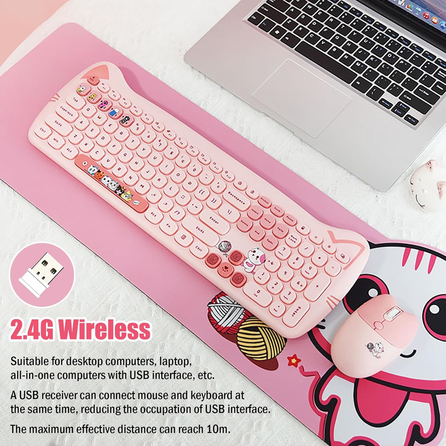 Cute Cat 2.4G USB Wireless Keyboard and Mouse Combo, Silent Keys, Candy Colors, Compatible with Notebook, PC (Pink-110Keys)