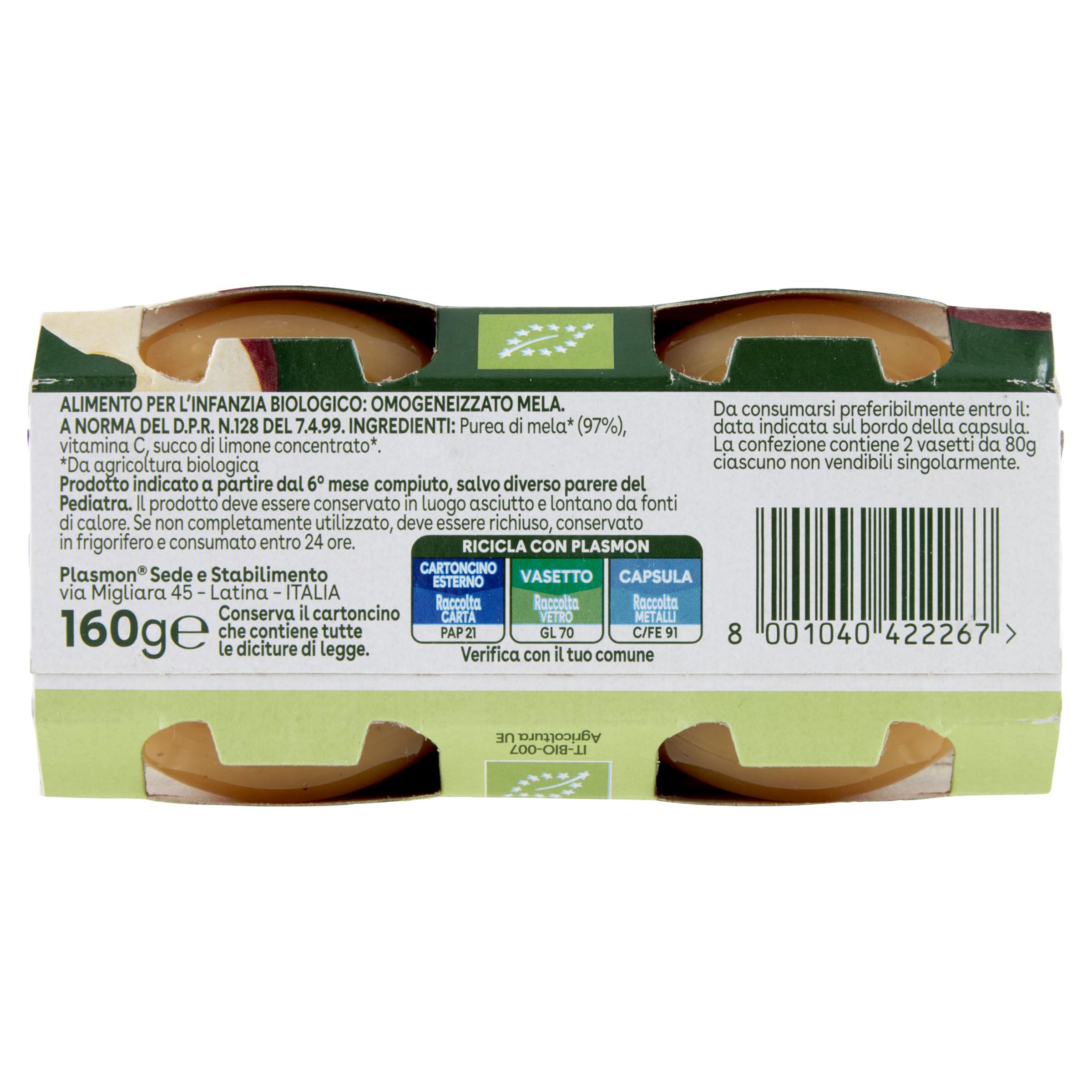 Plasmon BIO Omogeneizzato Mela 2X80g (12 Confezioni)
