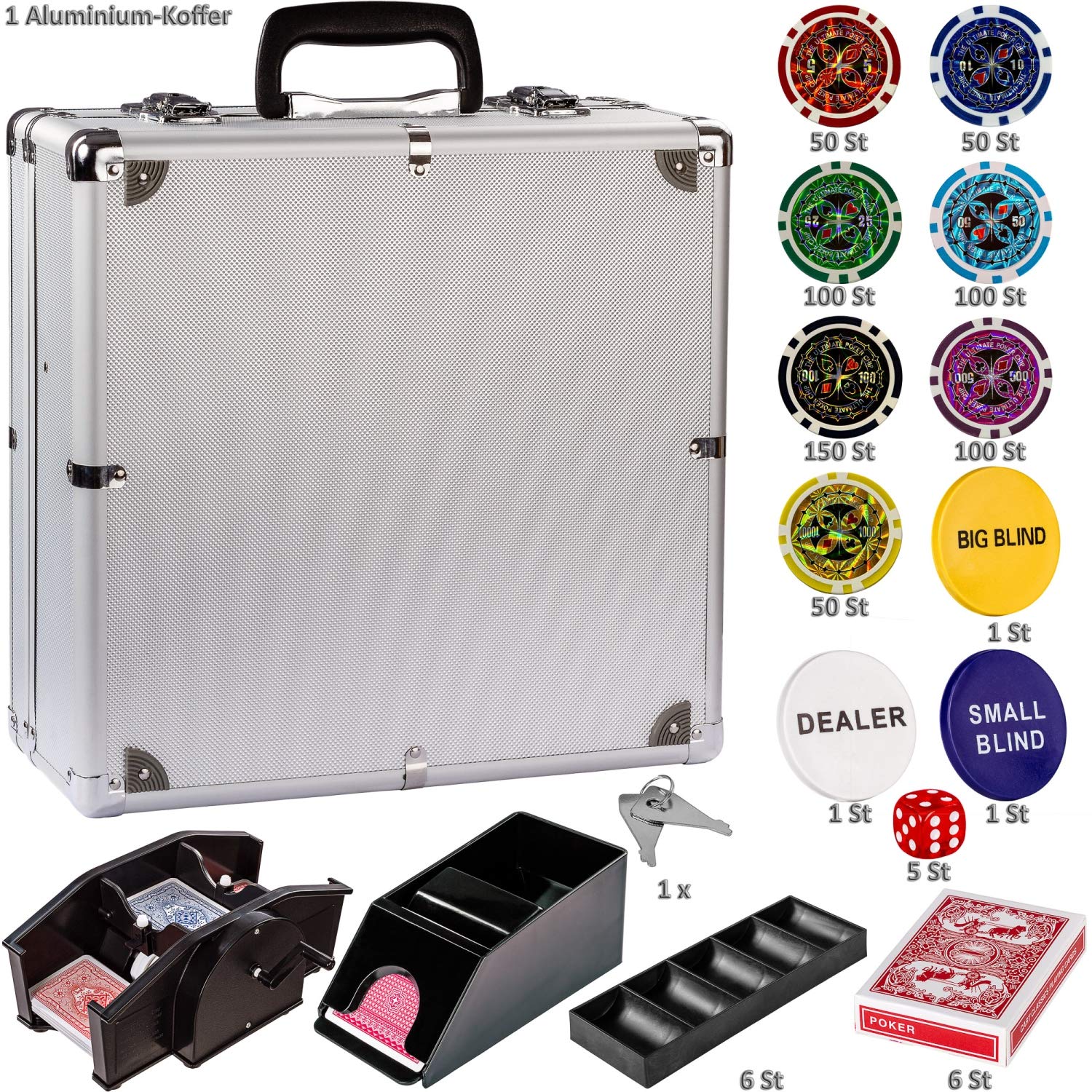 GAMES PLANET Ultimate Pokerset Deluxe, 300er BZW. 600er Edition, 12 Gramm METALLKERN Laserchips, Poker Decks, Alu Pokerkoffer, Kartenmischer, Kartengeber, Würfel, Dealer Button, Pokerchips, Jetons