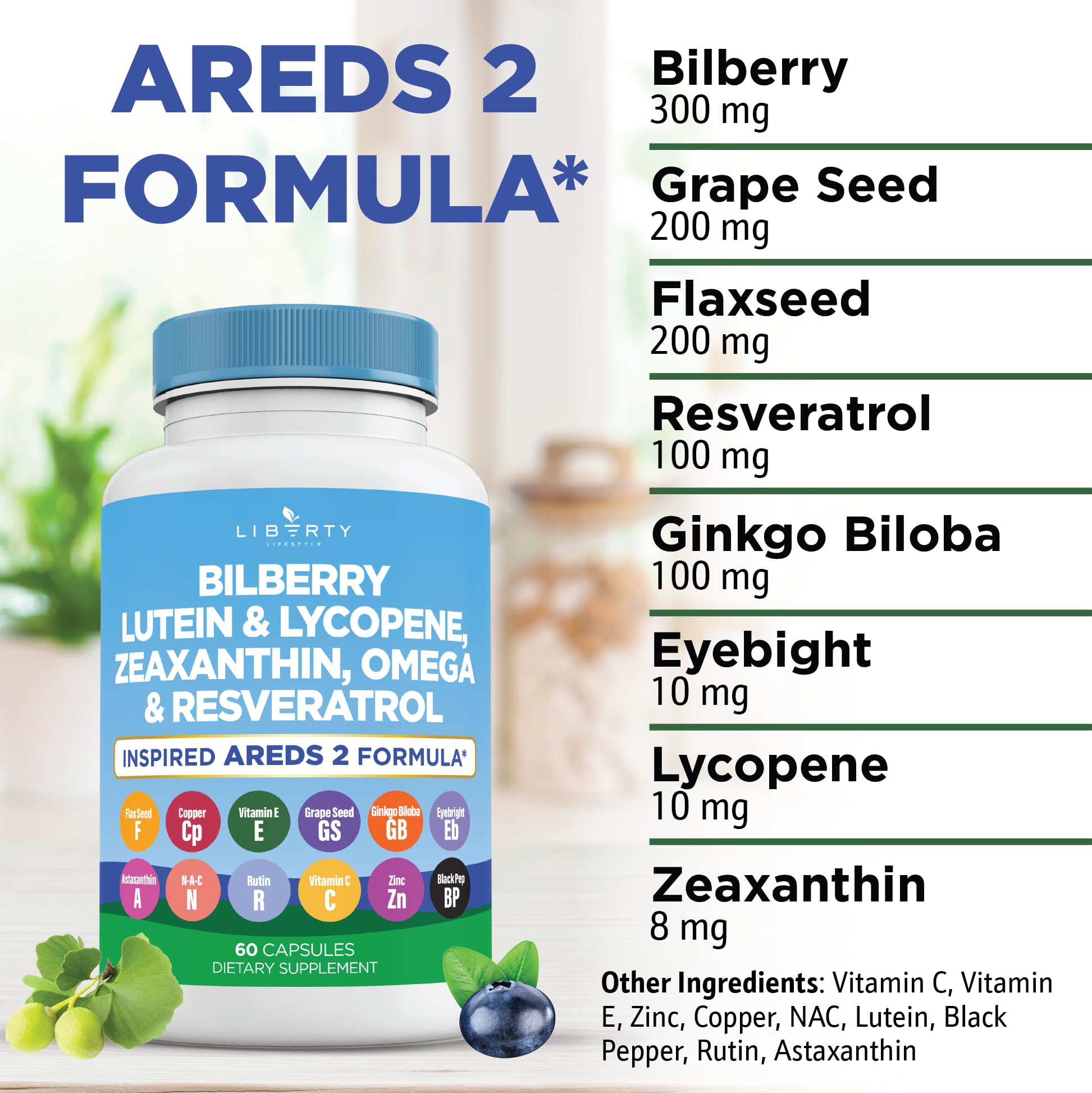 Liberty Lifestyle Eye Health Vitamins with Bilberry, Lutein & Zeaxanthin, Lycopene, Resveratrol, Grape Seed Extract, Flaxseed Astaxanthin- AREDS 2-120 Capsules — Amazon image 3