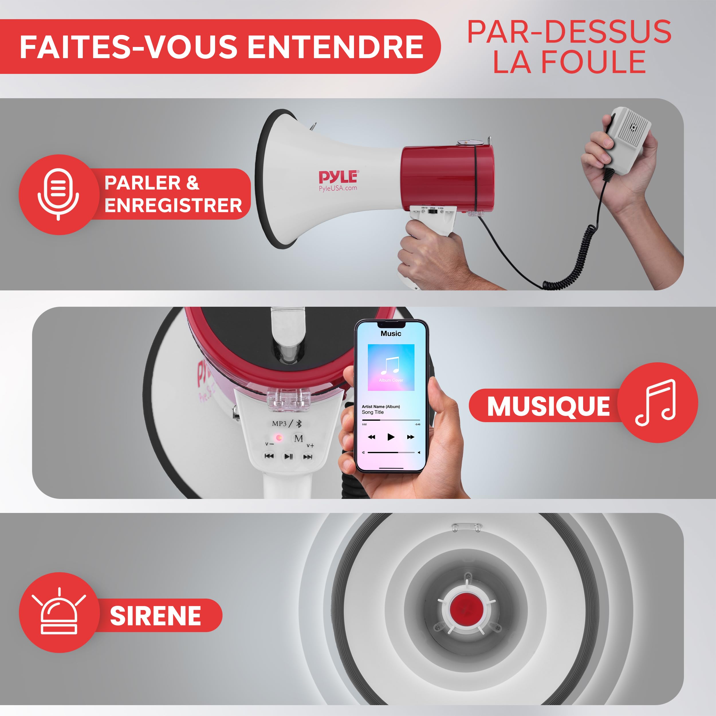 Pyle Mégaphone Porte-Voix 50W -Haut-Parleur Mégaphone avec Sirène Intégrée, Contrôle de Volume Réglable, Portée 1100 m –pour Événements Sportifs, Entraîneurs, Manifestations, Sécurité, Urgences