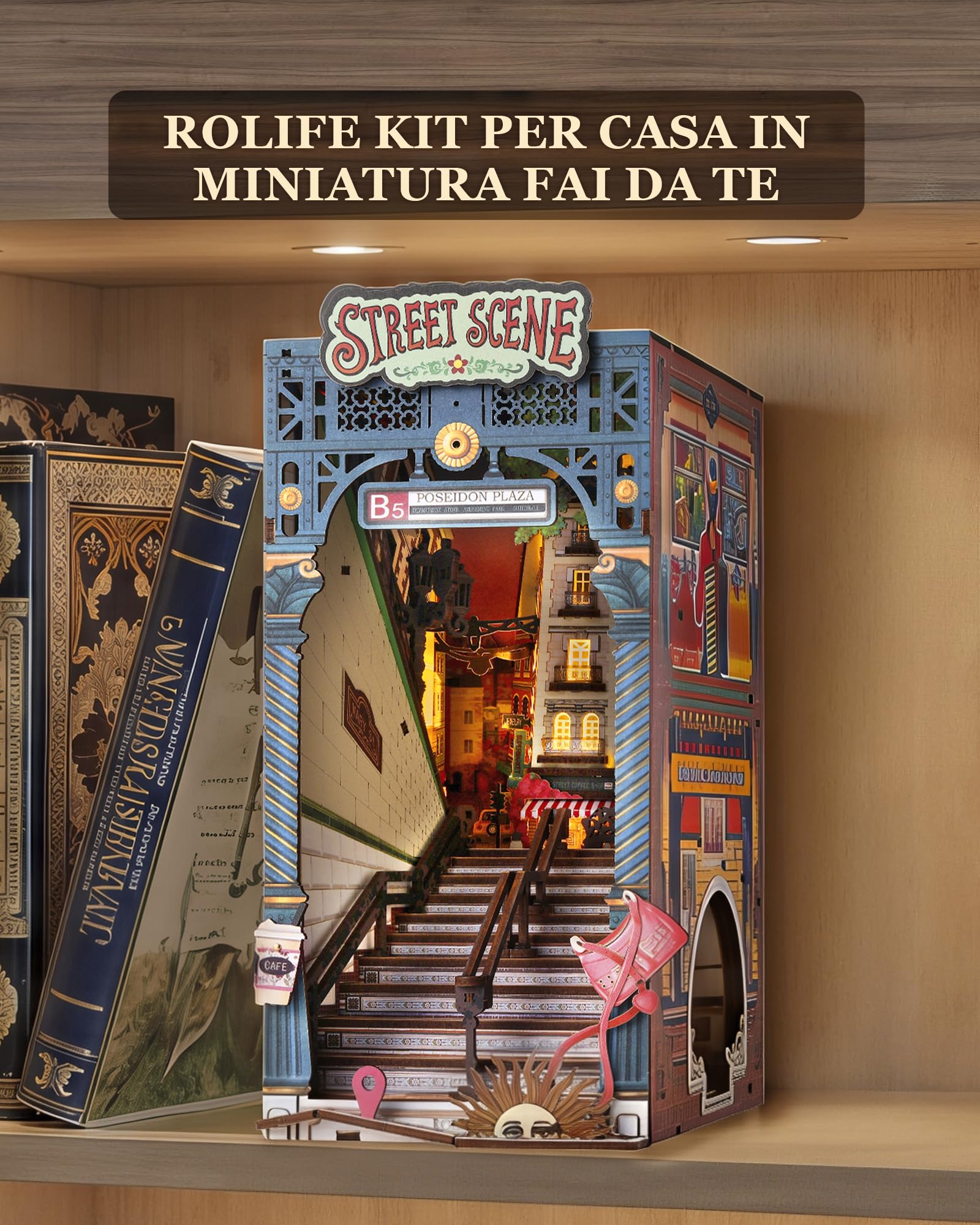 Rolife Book Nook Street Scene, Kit Casa Miniatura DIY con Luci, Booknook per Adulti da Costruire, Supporto per Libri in Legno 3D da Collezione & Decorazione per Libreria, Regali di Compleanno e Natale