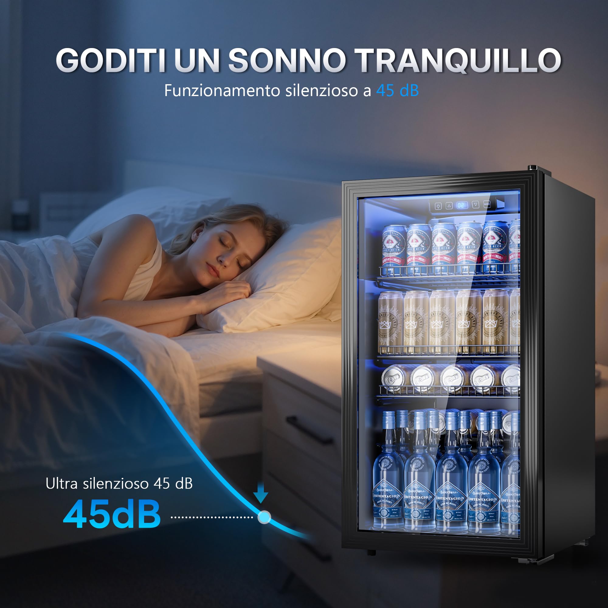 TRIUMPHKEY Frigorifero per Bevande 90 L con Porta in Vetro, Mini Frigo per 128 Lattine, Ripiani Regolabili per Birra, Vino e Bibite, Ideale per Casa, Bar e Ufficio